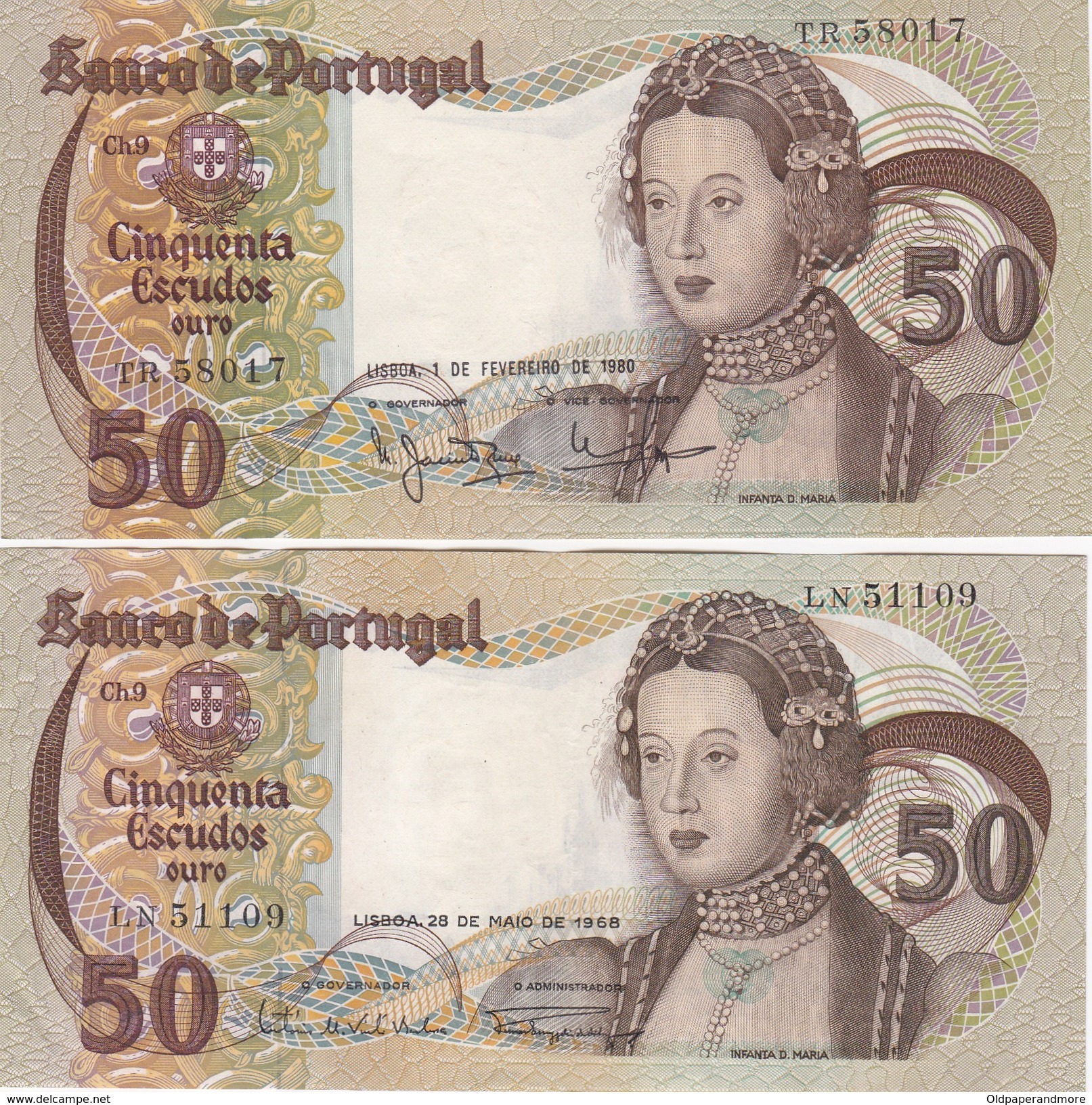 PORTUGAL BANKNOTES - X 2 - TWO DATES - 50 ESCUDOS - 1968 - 1980  - INFANTA D. MARIA - Portugal