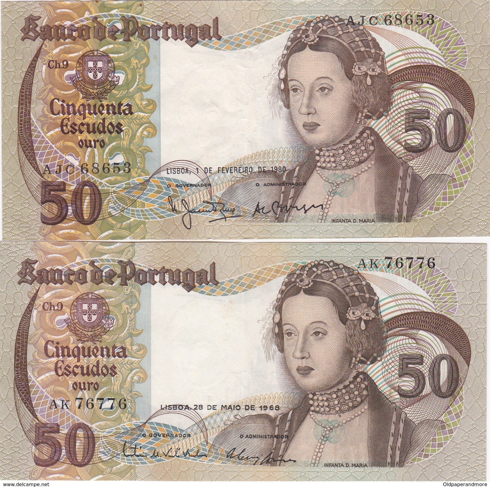 PORTUGAL BANKNOTES - X 2 - TWO DATES - 50 ESCUDOS - 1968 - 1980  - INFANTA D. MARIA - Portugal