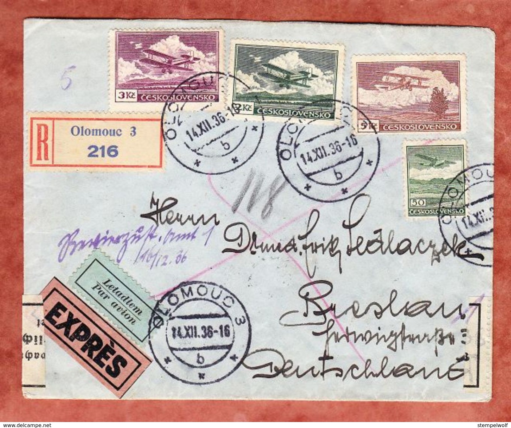 Luftpost, Expres, Einschreiben Reco, MiF Flugzeug, Olomouc Nach Breslau, Devisenzensur, 1936 (38897) - Covers & Documents