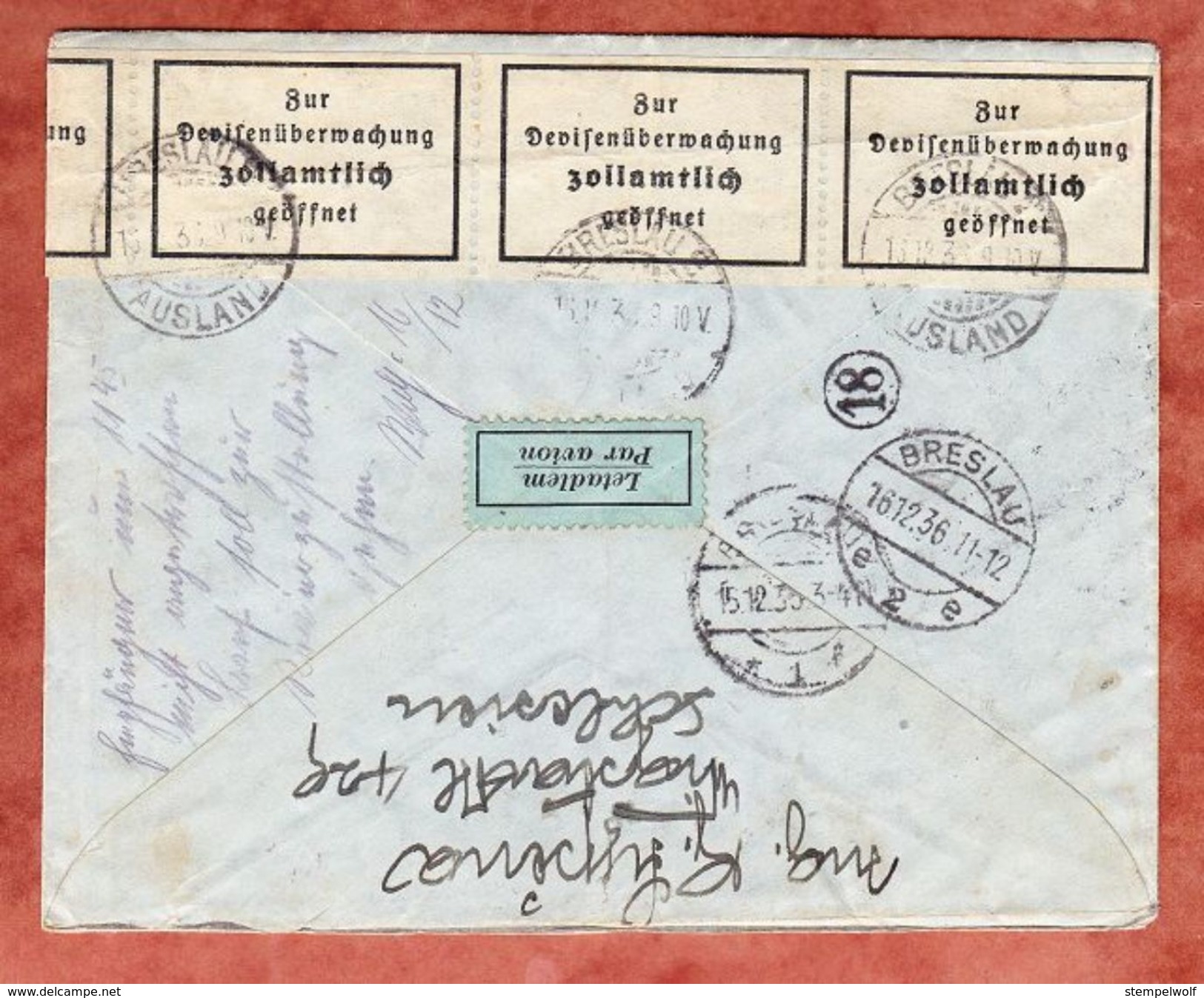 Luftpost, Expres, Einschreiben Reco, MiF Flugzeug, Olomouc Nach Breslau, Devisenzensur, 1936 (38897) - Covers & Documents