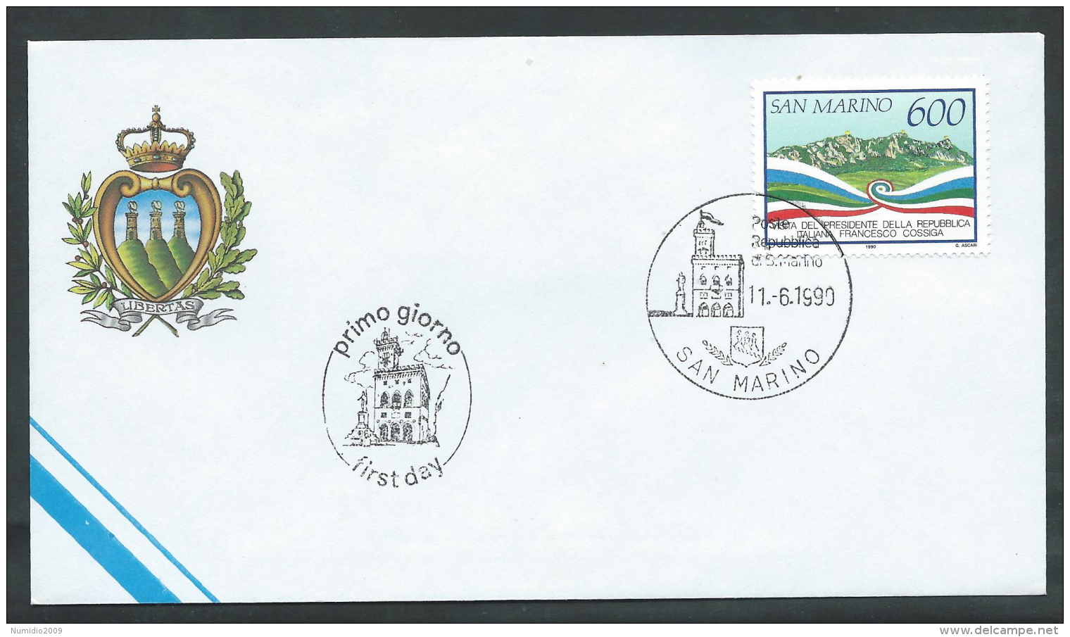 1990 SAN MARINO FDC COSSIGA NO TIMBRO ARRIVO - KS4 - FDC