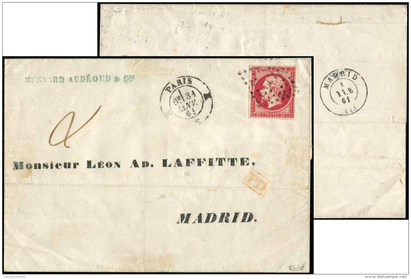 17Ba 80c. Rose TRES VIF, Obl. Los. K RETOUCHE, C&agrave;d K PARIS K 31/1/61, Arr. MADRID 3/2, TTB. C - Other & Unclassified