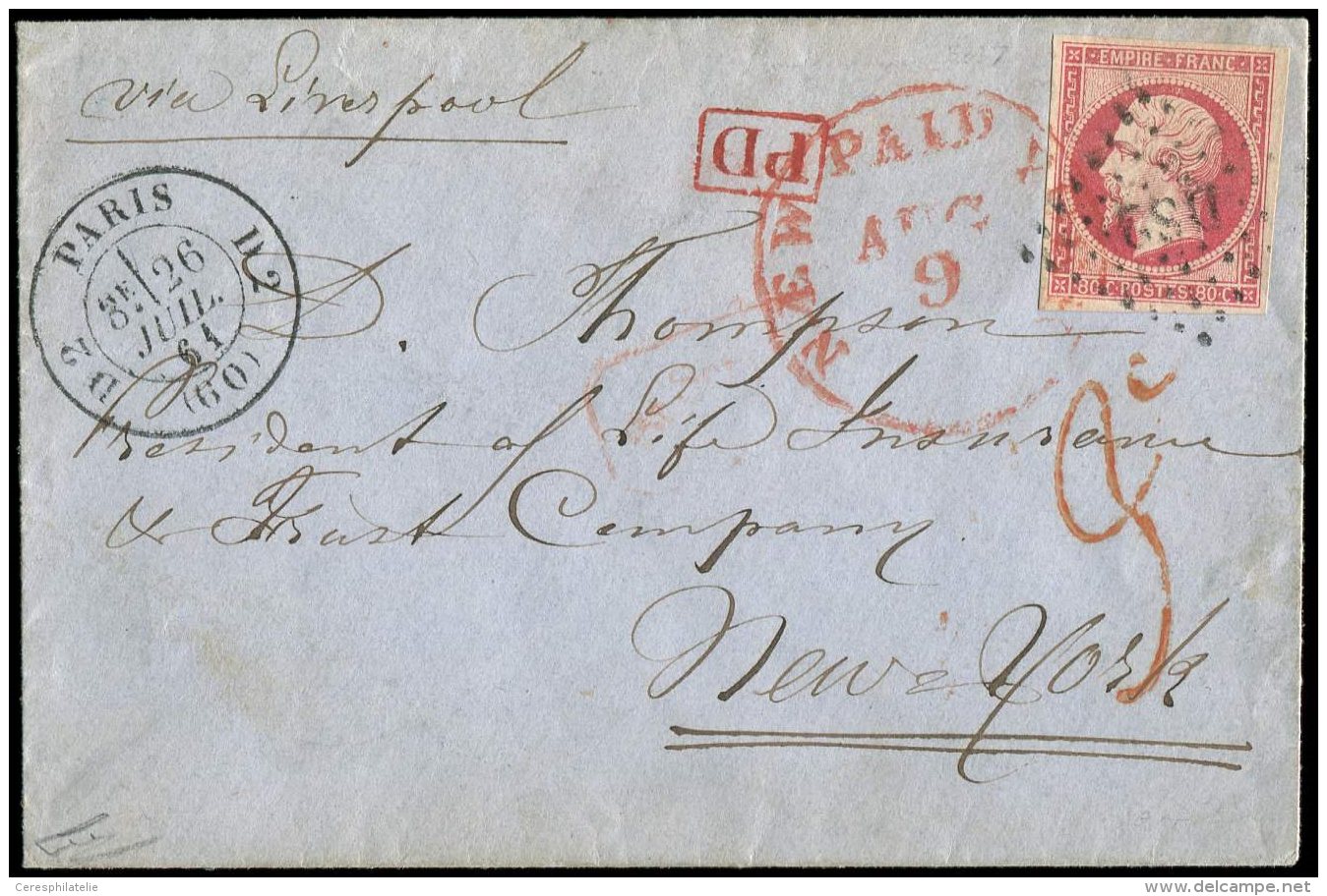 17B  80c. Rose, Obl. Los. DS2 S. Env., C&agrave;d D2 PARIS D2 26/7/61, Arr. NEW-YORK, TTB - Other & Unclassified