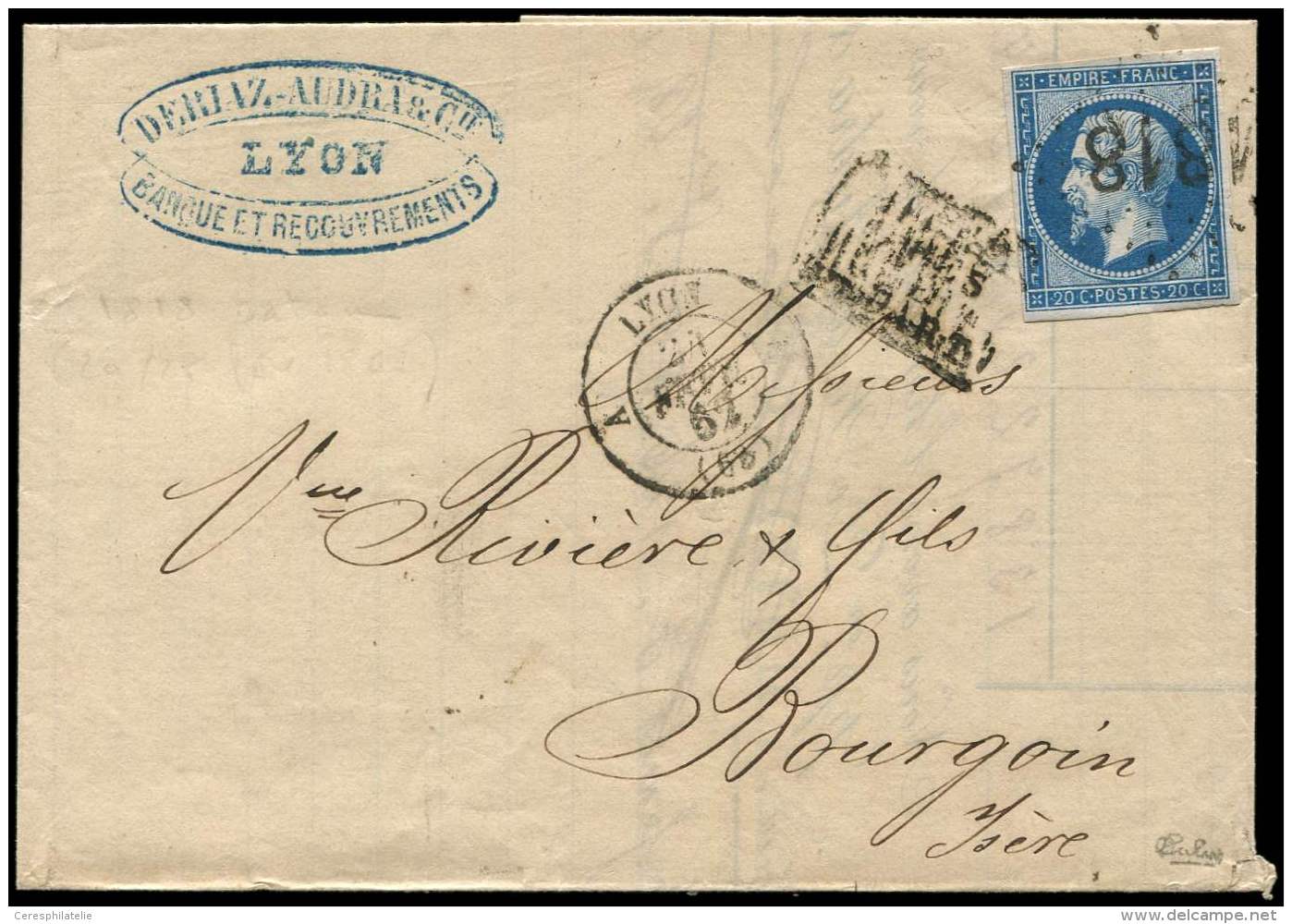 14B  20c. Bleu, T II, Obl. Cachet D'Essai 1818 Chiffres Gras Sur LAC, C&agrave;d T15 LYON 24/2/62, TB. C - Sonstige & Ohne Zuordnung