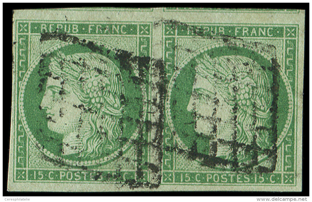 2    15c. Vert, PAIRE Tr&egrave;s Belles Marges, Obl. GRILLE, Timbre RR En PAIRE, TB. C - Sonstige & Ohne Zuordnung