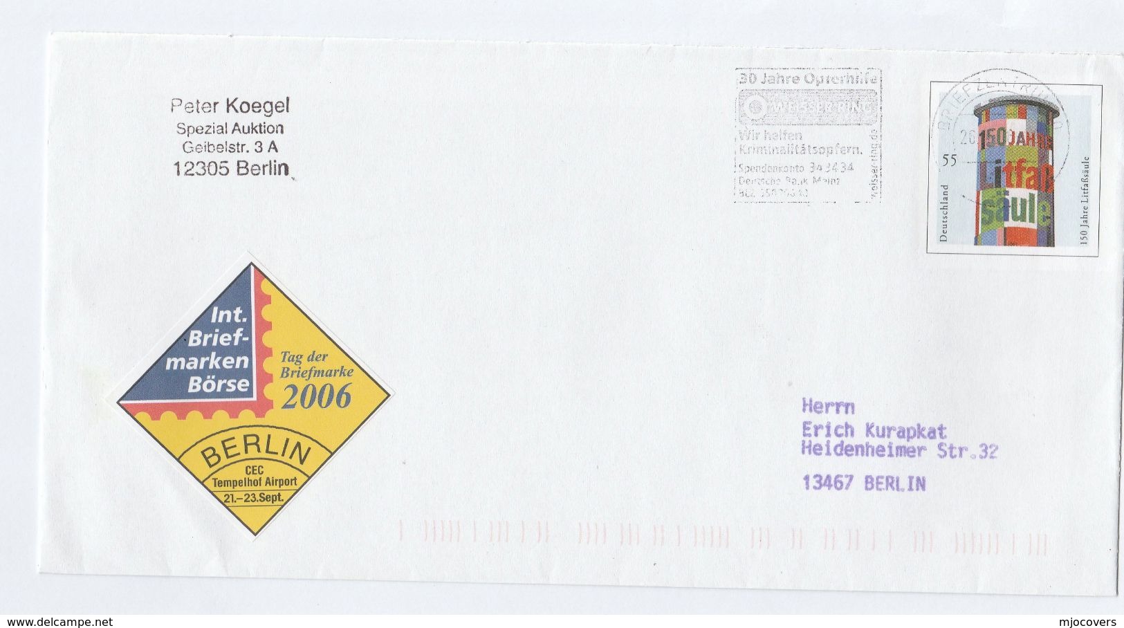 2006 BERLIN AIRPORT PHILATELIC EXHIBITION LABEL On COVER Germany Aviation Stamps - Umschläge - Gebraucht