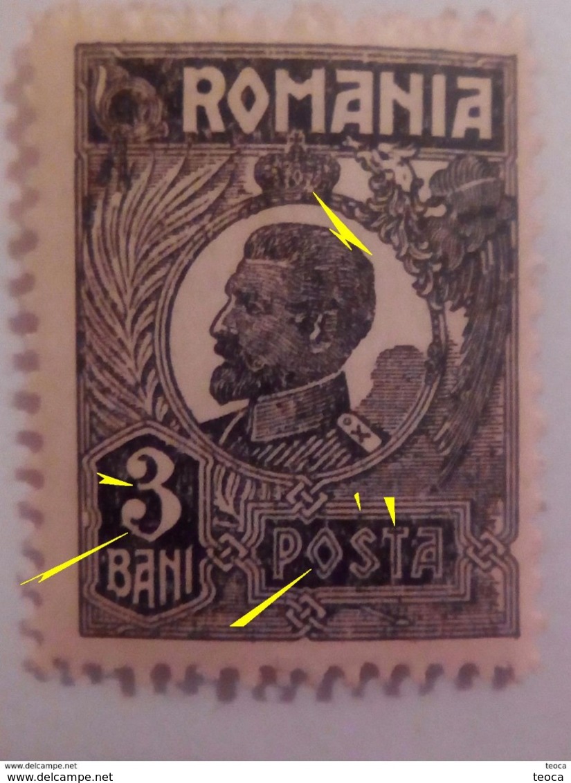 Errors Romania King Ferdinand 3 Bani, With Eeror At Number ``3`` Letters Broken Posta, Error At Crown Unused Gumm Mnh - Variétés Et Curiosités