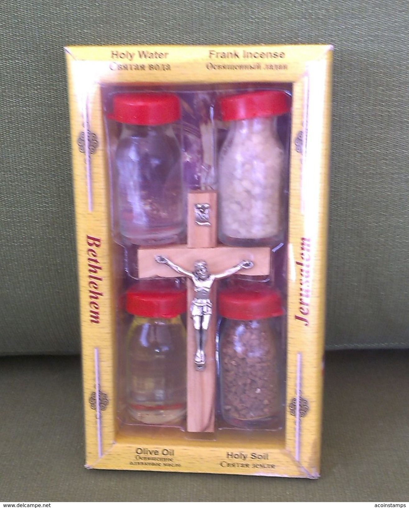 HOLY LAND HOLY WATER SOIL OLIVE OIL FRANK INCENSE OLIVE WOOD CROSS JERUSALEM BETHLEHEM Certificate Of Authenticity - Religion & Esotérisme