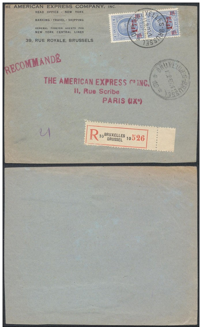 AO1025 Devant De Lettre Recommandée American Expres De Bruxelles 10 à Paris 1927 - Lettres & Documents