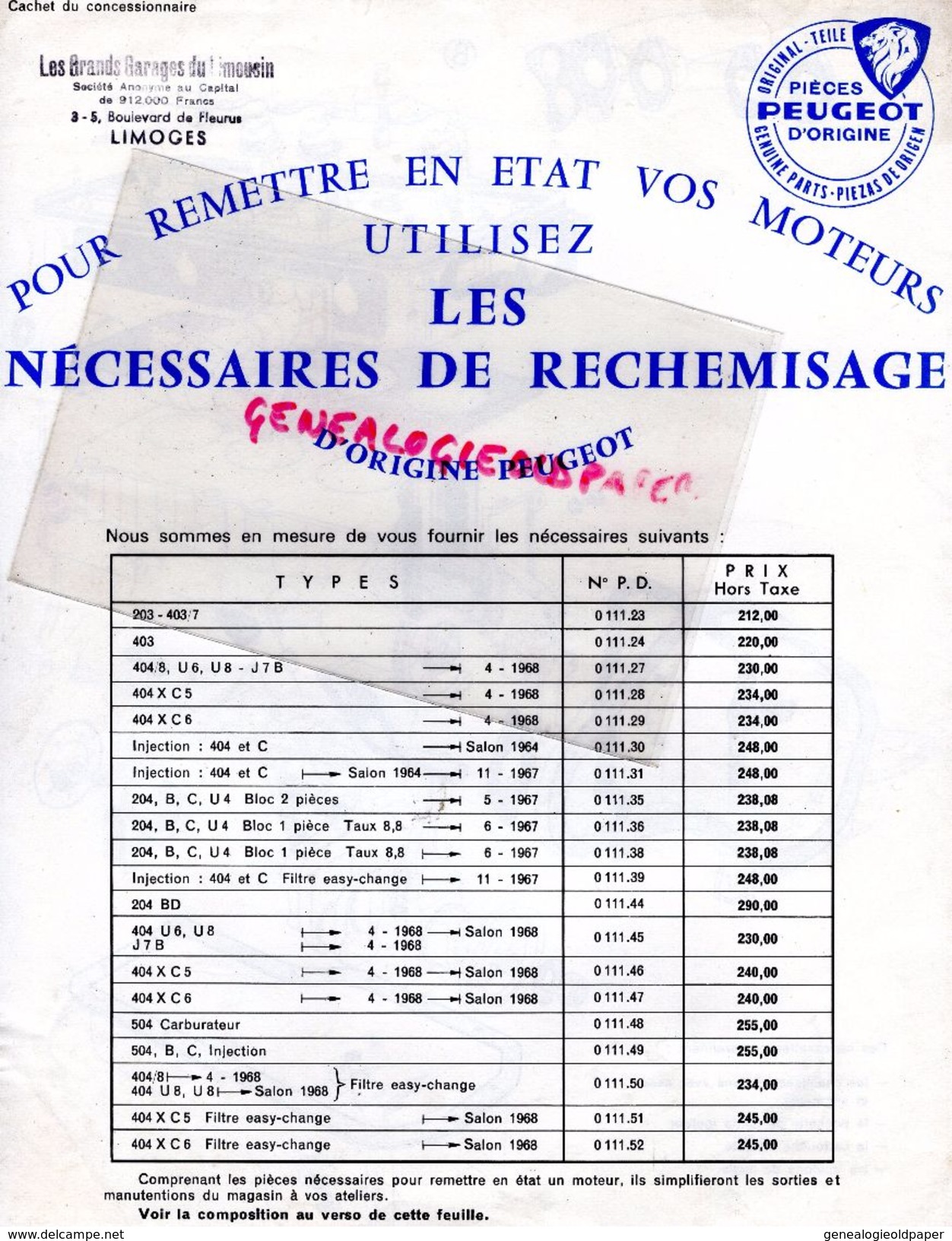 PEUGEOT -PLAN POUR REMETTRE EN ETAT VOS MOTEURS UTILISEZ LES PIECES DE RECHEMISAGE - 203-403- 204-404-504- - Automobil