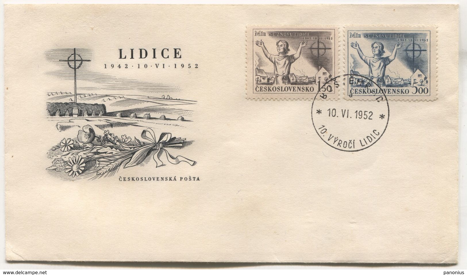 LIDICE WW2, MASSACRE, CONCETRATION CAMP, COVER 1952. CZECH REPUBLIC - Briefe