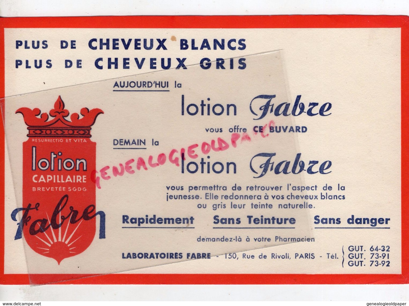 75- PARIS- BUVARD LOTION FABRE-COIFFURE CHEVEUX - CAPILLAIRE -150 RUE DE RIVOLI- COIFFEUR - Sonstige & Ohne Zuordnung