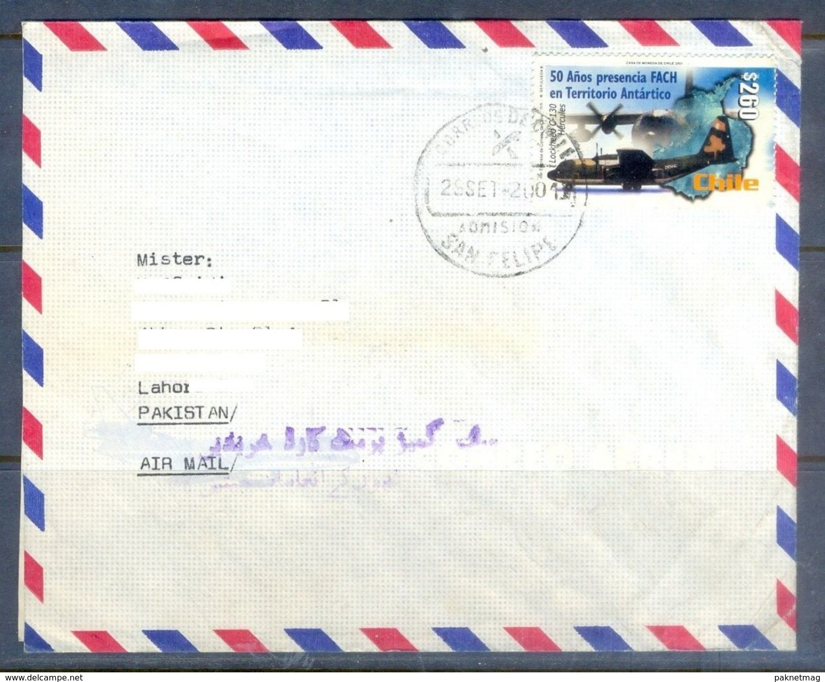 D596- Used Cover Post To Pakistan From Chile. Aircraft - Chile