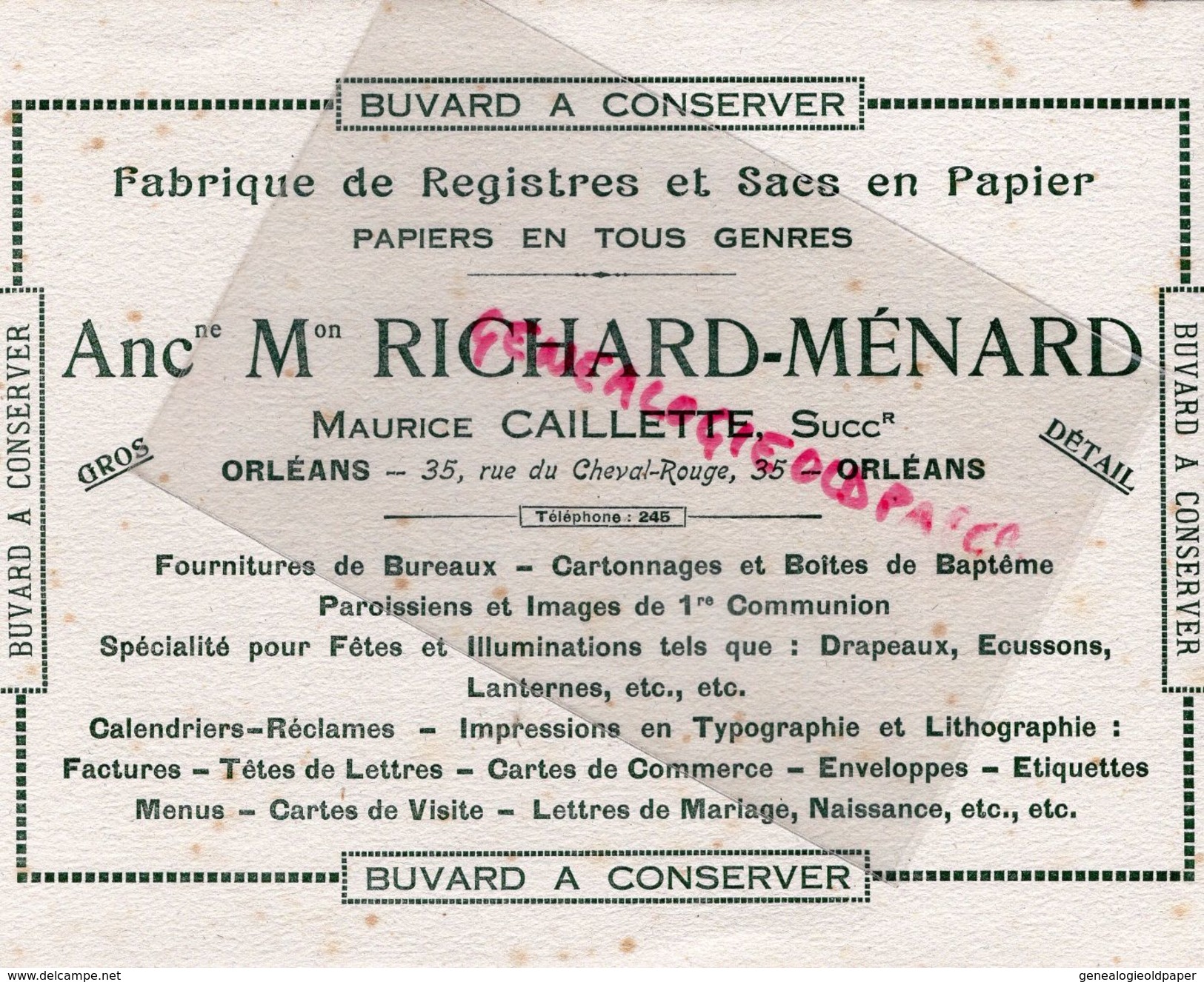 45- ORLEANS- RARE BUVARD MAISON RICHARD MENARD- MAURICE CAILLETTE-35 RUE DU CHEVAL ROUGE- PAPETERIE FABRIQUE REGISTRES - Papierwaren