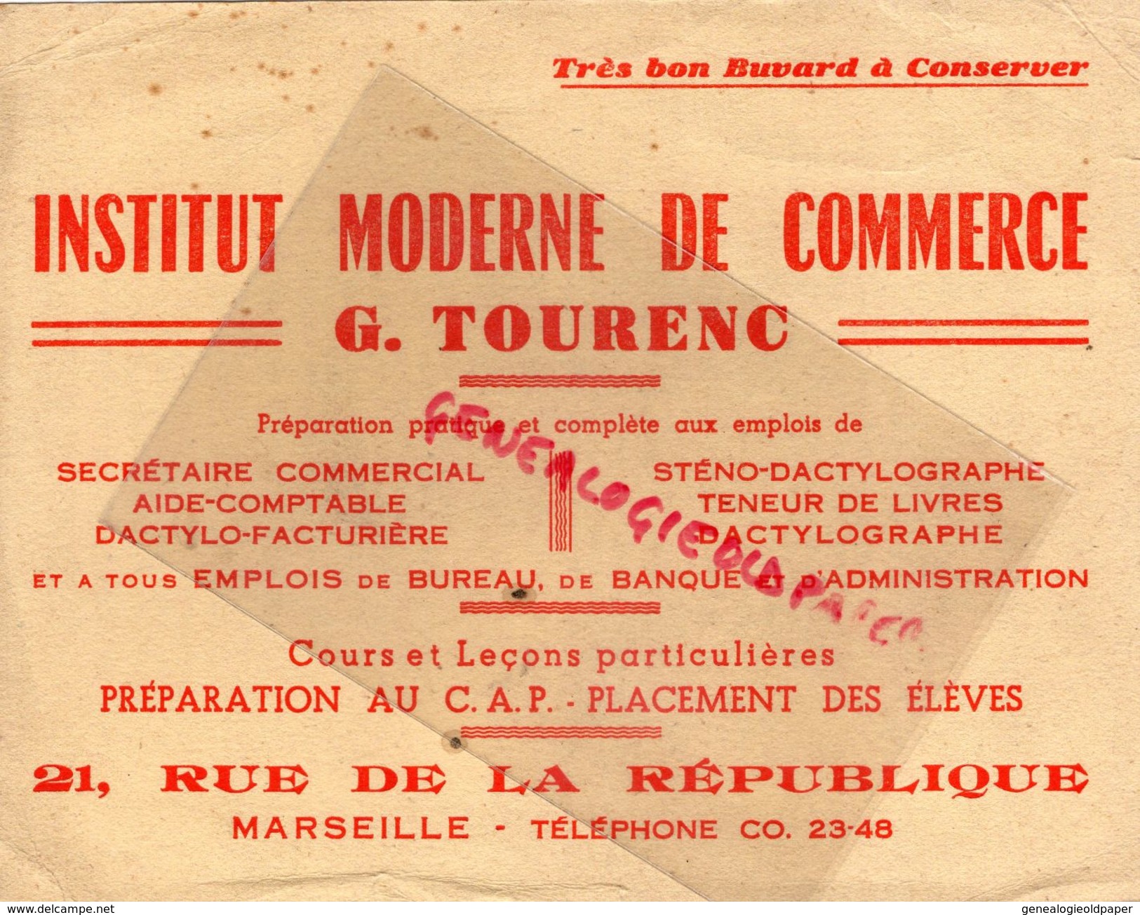 13- MARSEILLE- BUVARD INSTITUT MODERNE COMMERCE- G. TOURENC- 21 RUE REPUBLIQUE- ECOLE AIDE COMPTABLE-DACTYLO- - E