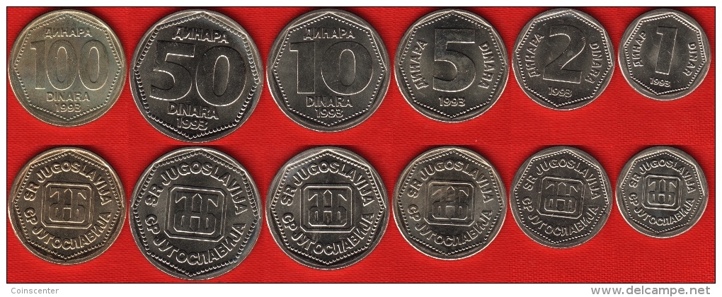 Yugoslavia Set Of 6 Coins: 1 - 100 Dinara 1993 UNC - Yugoslavia