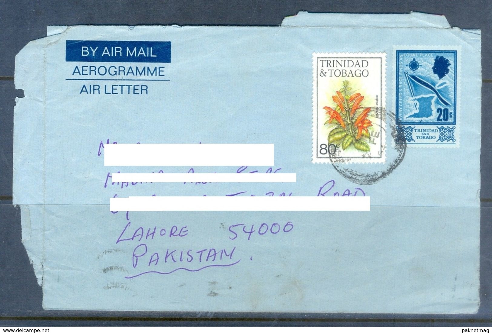 D612- Used Aerogramme Post To Pakistan From Trinidad & Tobago. Flag. Plants. Flowers. - Trinidad & Tobago (1962-...)
