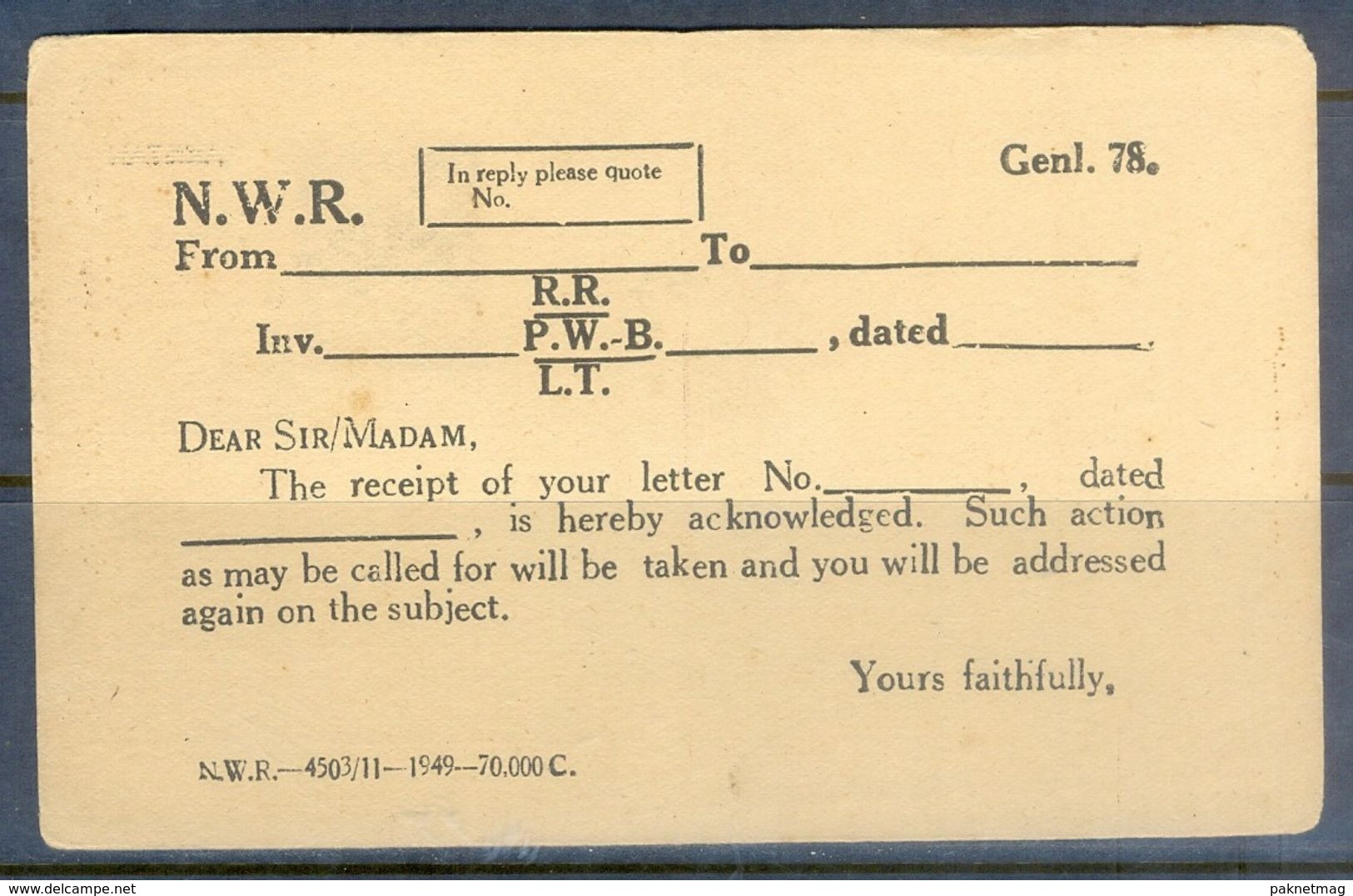 D629- India KG VI Overprint Pakistan  Service Railway Printed Letter Post Cards. Type-I - Pakistan