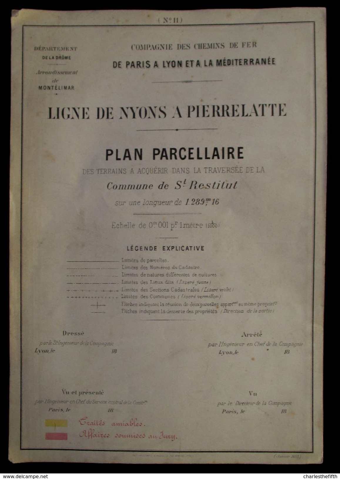 1897 PLAN PARCELLAIRE  CHEMIN DE FER > PARIS A LYON > MEDITERRANEE  COMMUNE DE St - RESTITUT ( St - Paul 3 Chateaux ) - Documentos Históricos