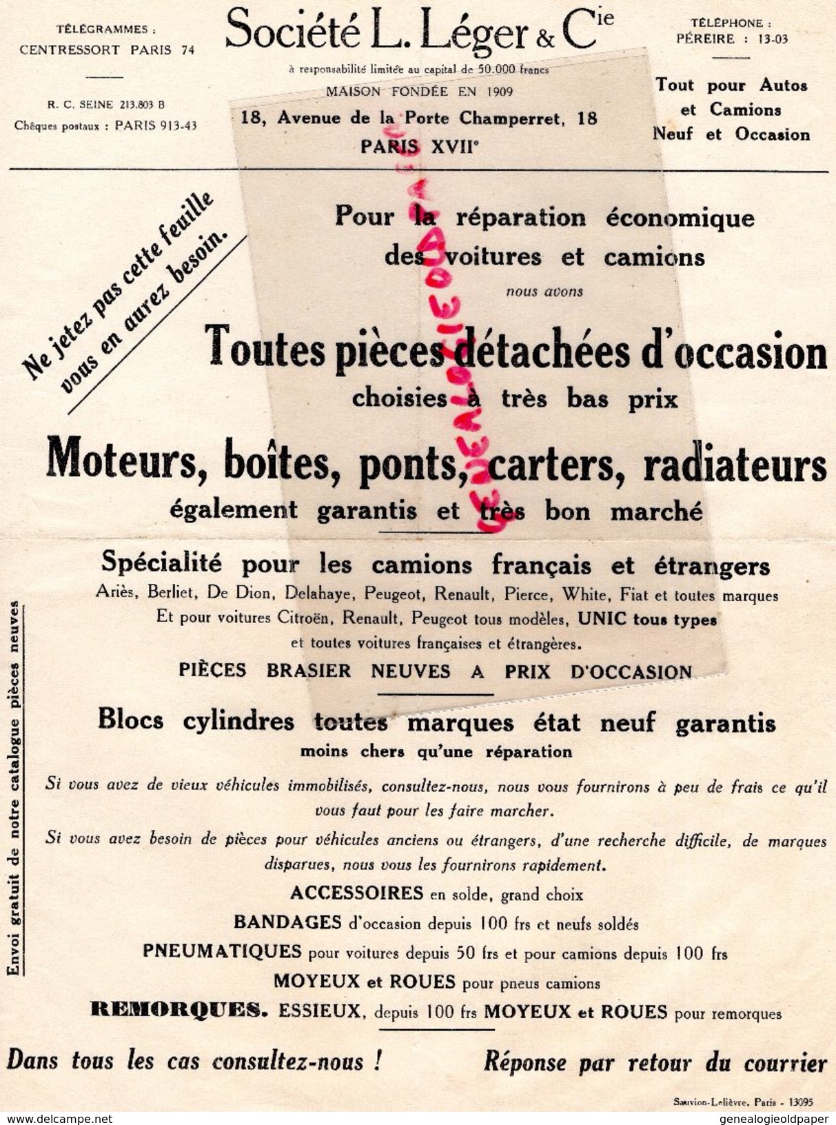 75- PARIS- PUBLICITE STE L. LEGER & CIE- 18 AV. PORTE CHAMPERRET- PIECES DETACHEES AUTOMOBILE - CAMION - Automovilismo