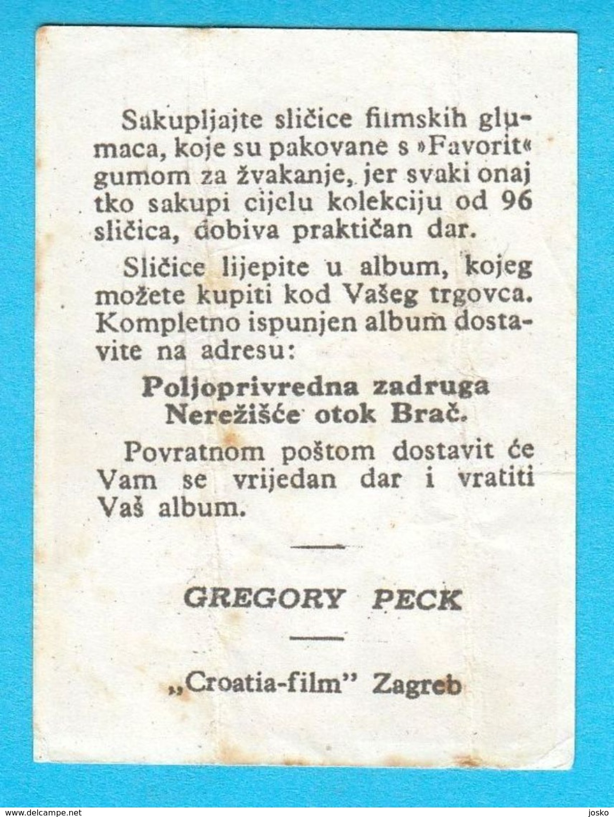 GREGORY PECK - Yugoslavian Vintage Collectiable Gum Card Issued 1960's * American Film Actor Movie USA - Altri & Non Classificati