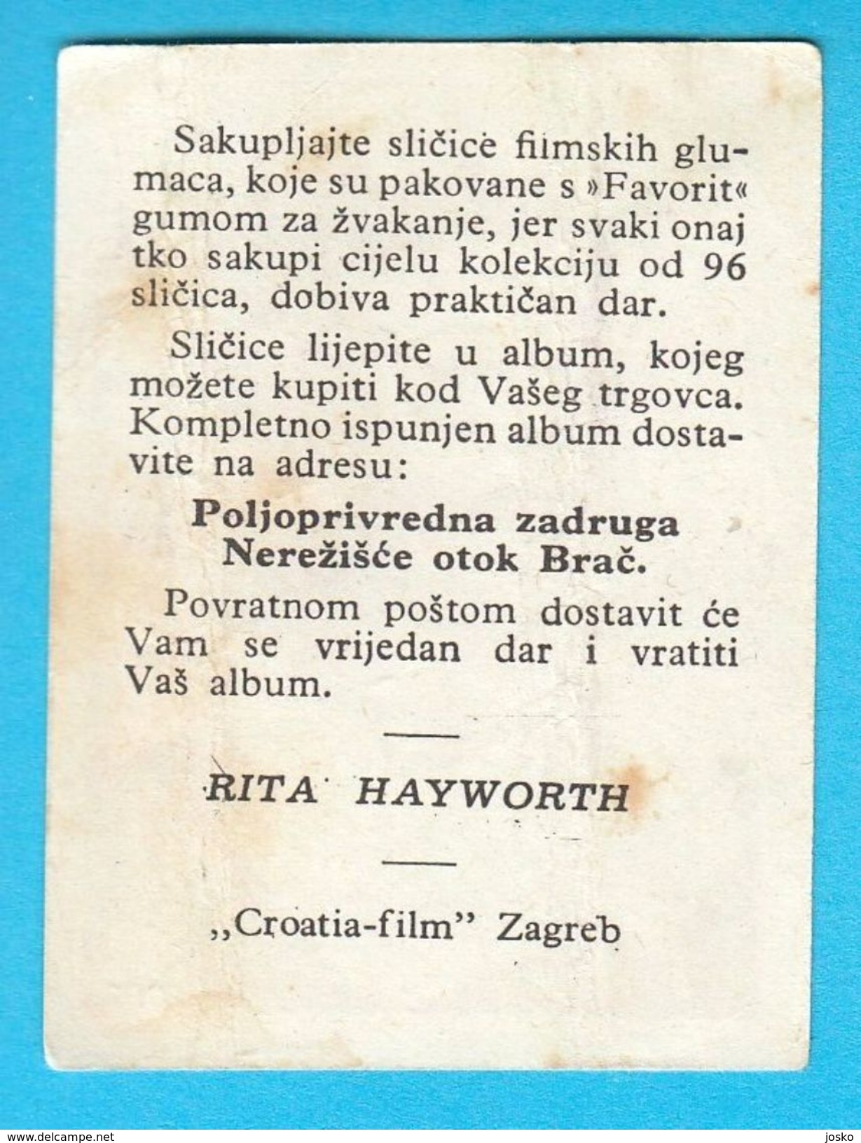 RITA HAYWORTH - Yugoslavian Vintage Collectiable Gum Card Issued 1960's * American Film Actress And Dancer Movie USA - Other & Unclassified