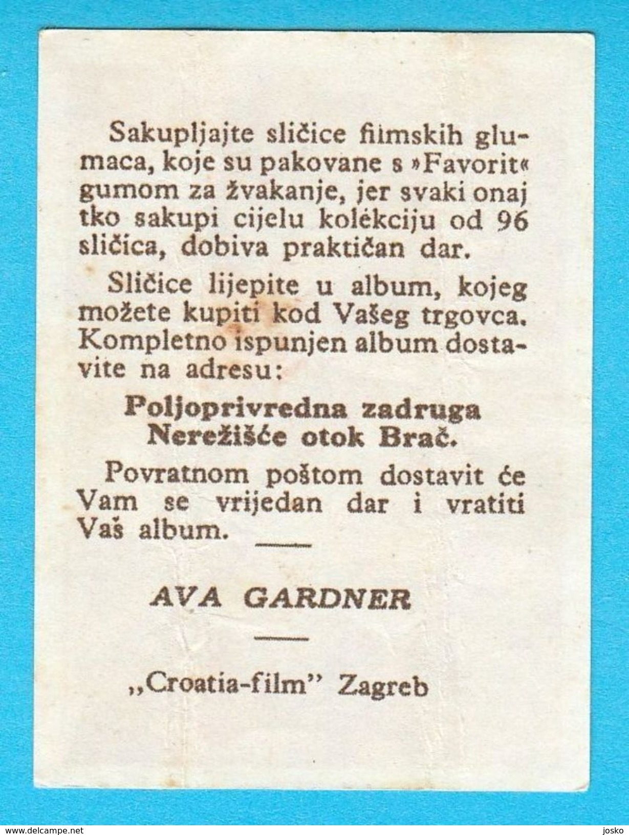 AVA GARDNER - Yugoslavian Vintage Collectiable Gum Card Issued 1960's * American Film Actress Movie USA - Other & Unclassified