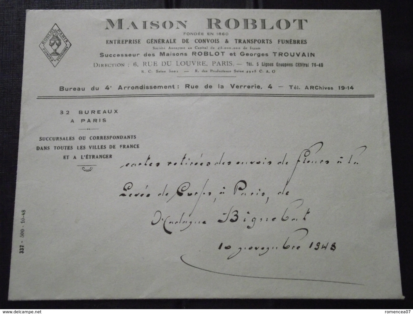 PARIS - MAISON ROBLOT - ENTREPRISE De CONVOIS & TRANSPORTS FUNEBRES - Enveloppe Du 10 Novembre 1948 - Décès - A Voir ! - Autres & Non Classés