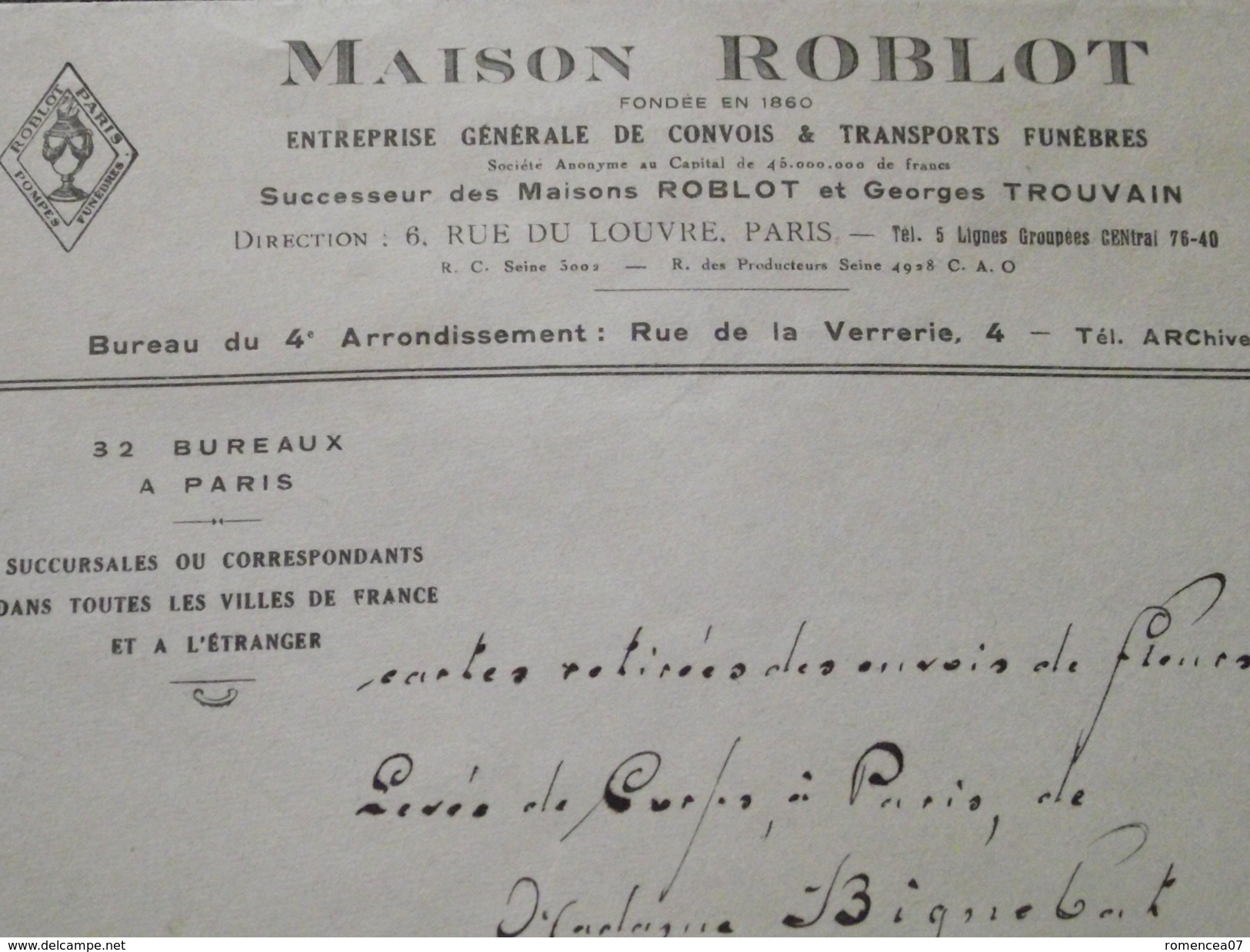 PARIS - MAISON ROBLOT - ENTREPRISE De CONVOIS & TRANSPORTS FUNEBRES - Enveloppe Du 10 Novembre 1948 - Décès - A Voir ! - Other & Unclassified