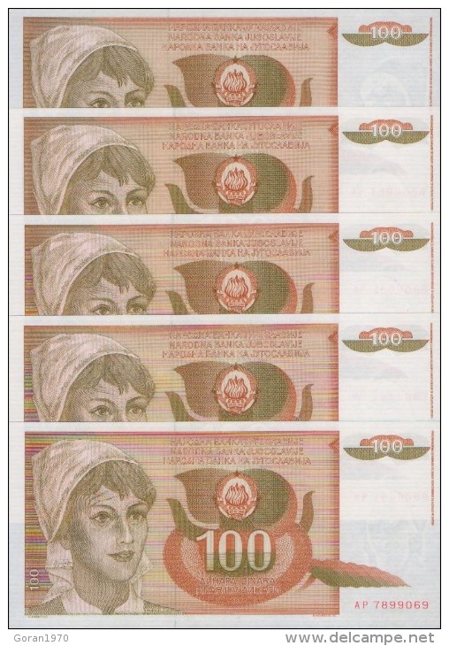 YUGOSLAVIA 100 Dinara  1990  UNC  P-105  X 5 Pcs. - Joegoslavië