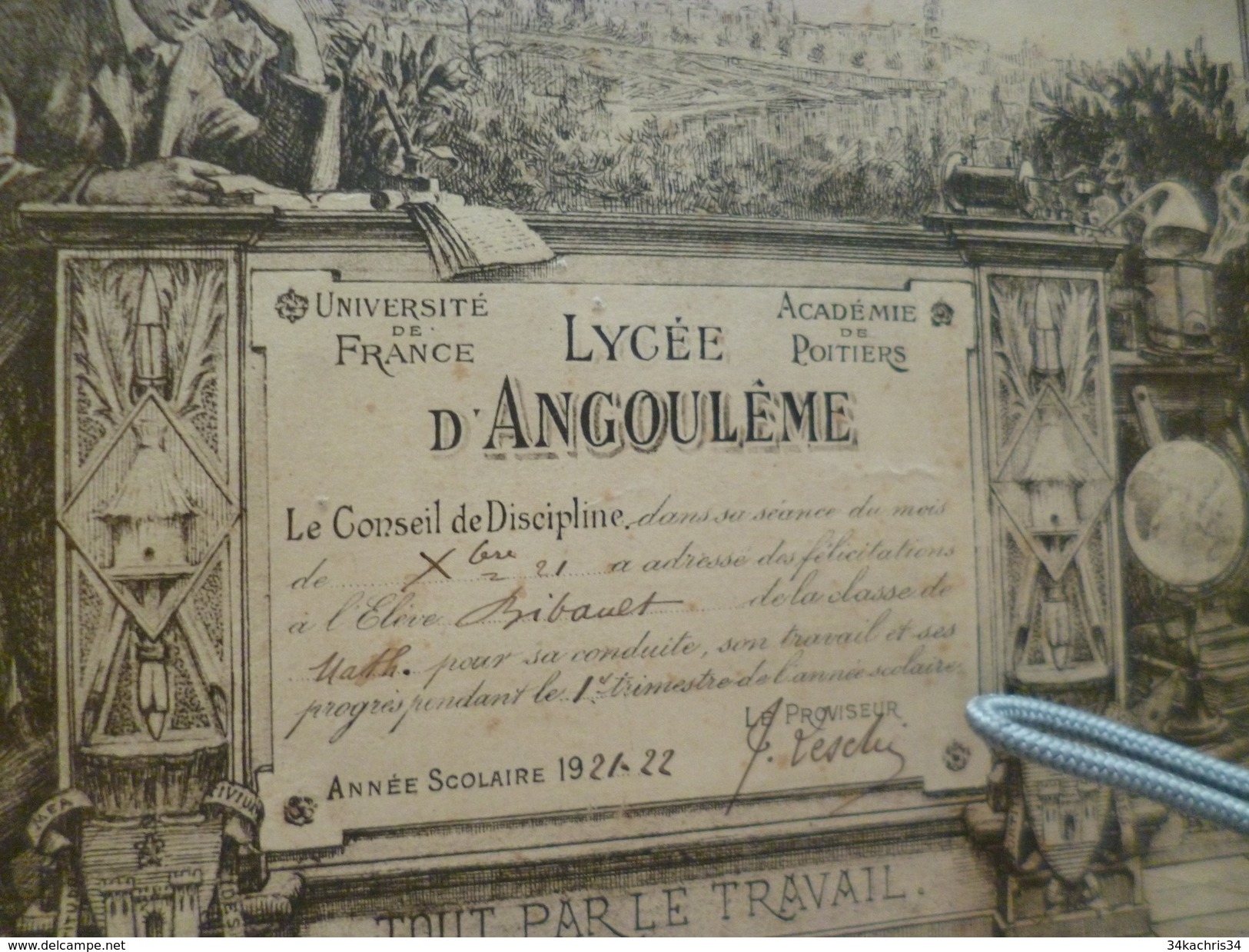 Lycée D'Angoulème Félicitations Bilbaut Belle Gravure Javanaud Baysse 22 X 18.3 1 Manque Haut Notes Manuscrites Au Dos - Diplomi E Pagelle