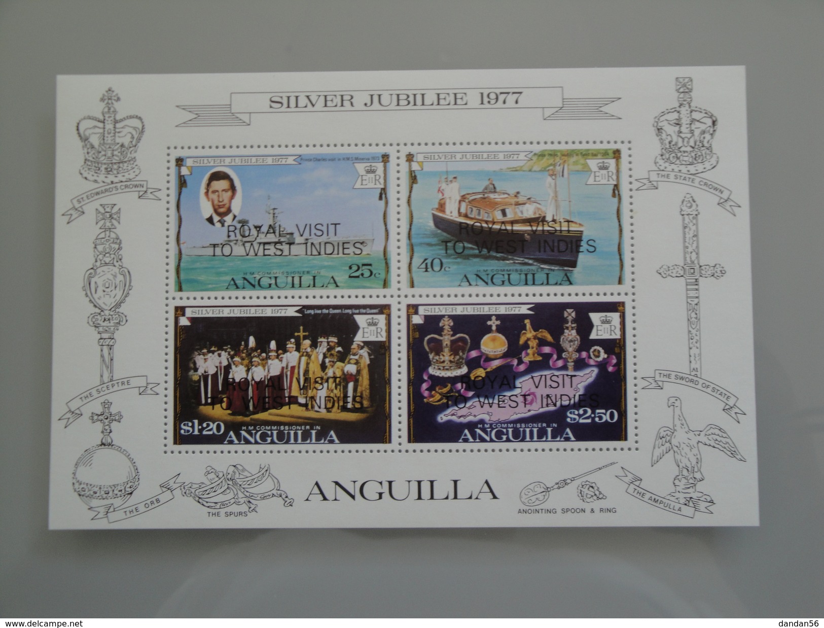 1977  Anguilla  Yvert BF 17  ** Bateaux Ships  Scott 274a  Michel B 15  SG Ms 273  Royal Visit - Anguilla (1968-...)