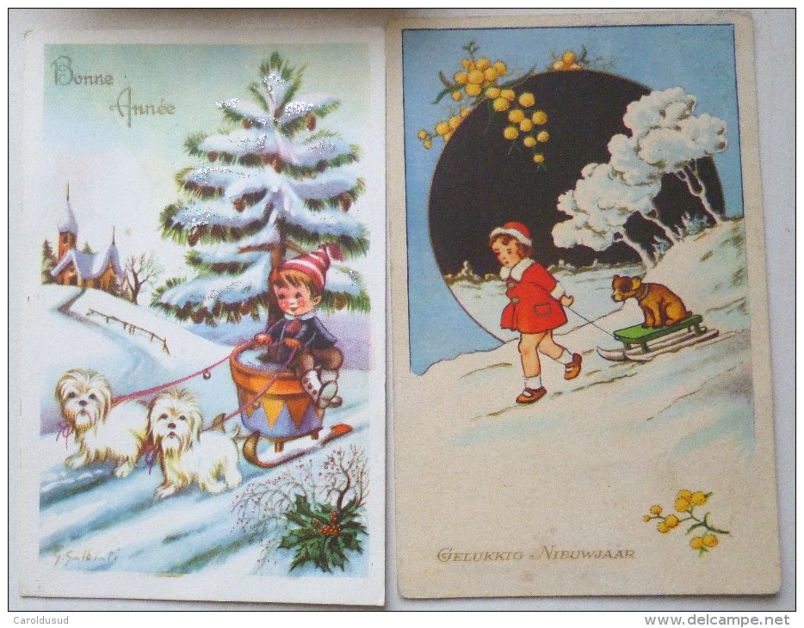 Lot 2x Litho Illustrateur Galbiati Voeux Enfant Chien Luge Neige Deco Houx Mimosa Bonnet De 1954 Et 1953 - Collections & Lots