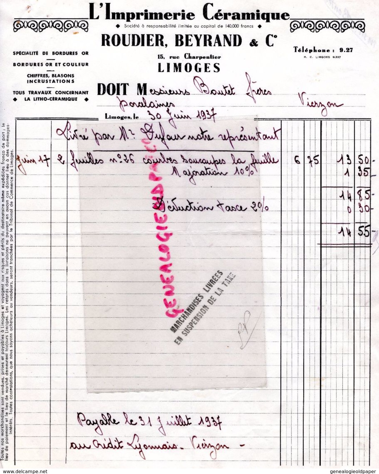87 - LIMOGES- FACTURE L' IMPRIMERIE CERAMIQUE - ROUDIER BEYRAND-15 CHARPENTIER -PORCELAINE DORURE OR- 1937 - Imprimerie & Papeterie