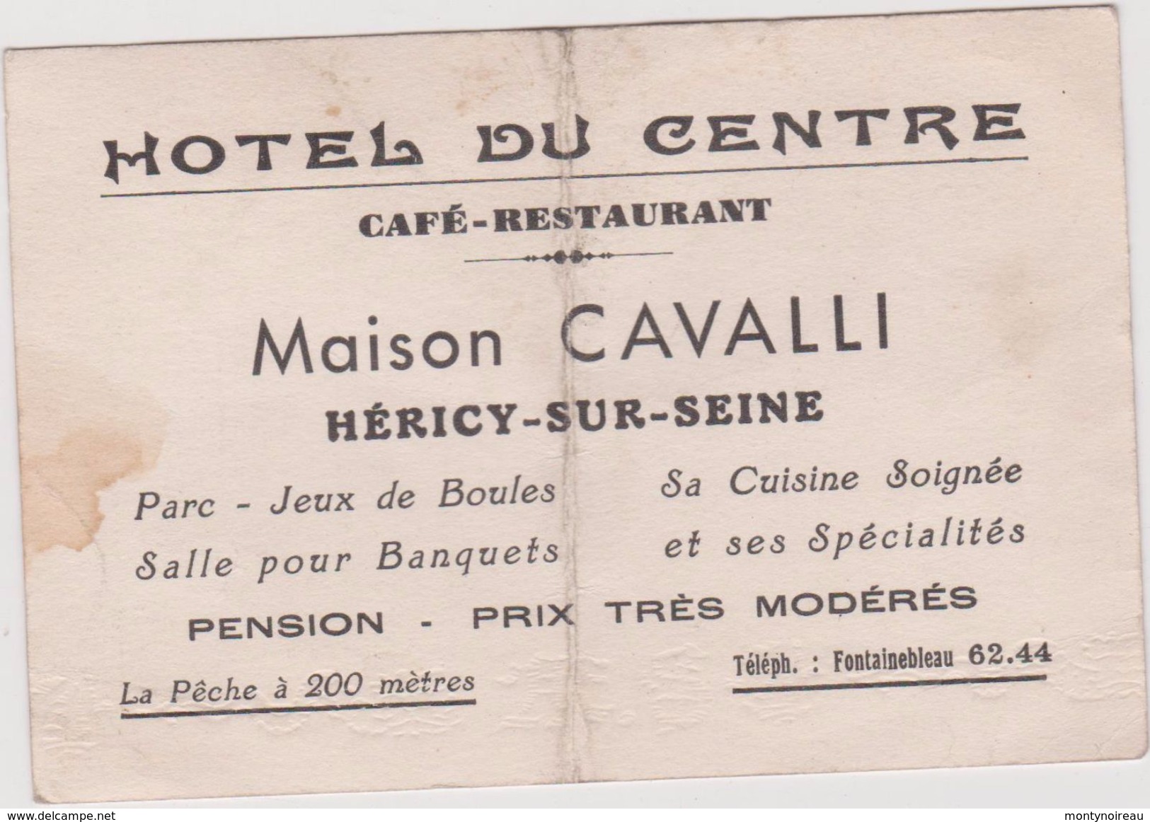 Vieux Papier:  Carte Pliée : Hotel Du Centre Maison Cavalli A HERICY Sur SEINE , La Pêche A 200 Mètre - Non Classés