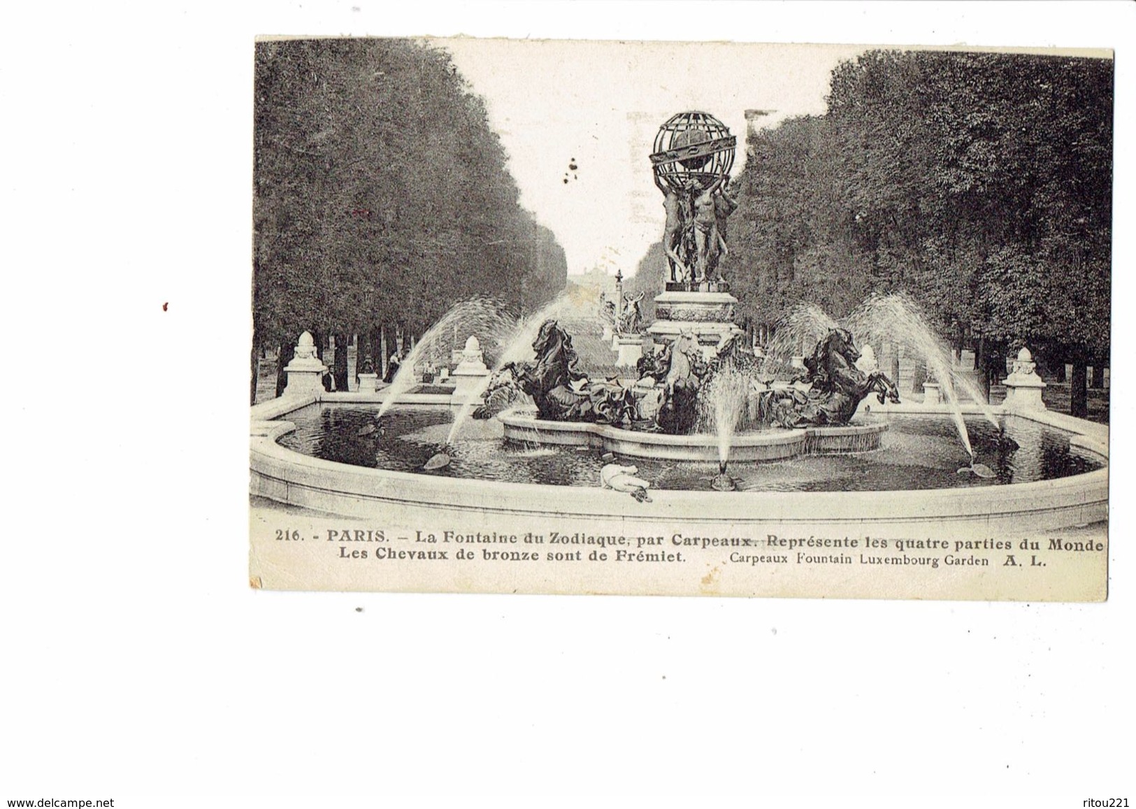 Cpa 75 - PARIS  FONTAINE Du Zodiaque CARPEAUX - Chevaux TORTUE Turtle N°216 A.L.  - LES 4 PARTIES DU MONDE - 1936 - Tortugas