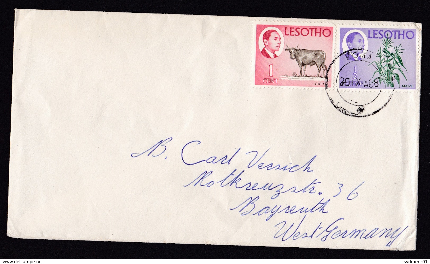 Lesotho: Cover To Germany, 1968, 2 Stamps, Cow, Corn, Agriculture (minor Damage) - Lesotho (1966-...)