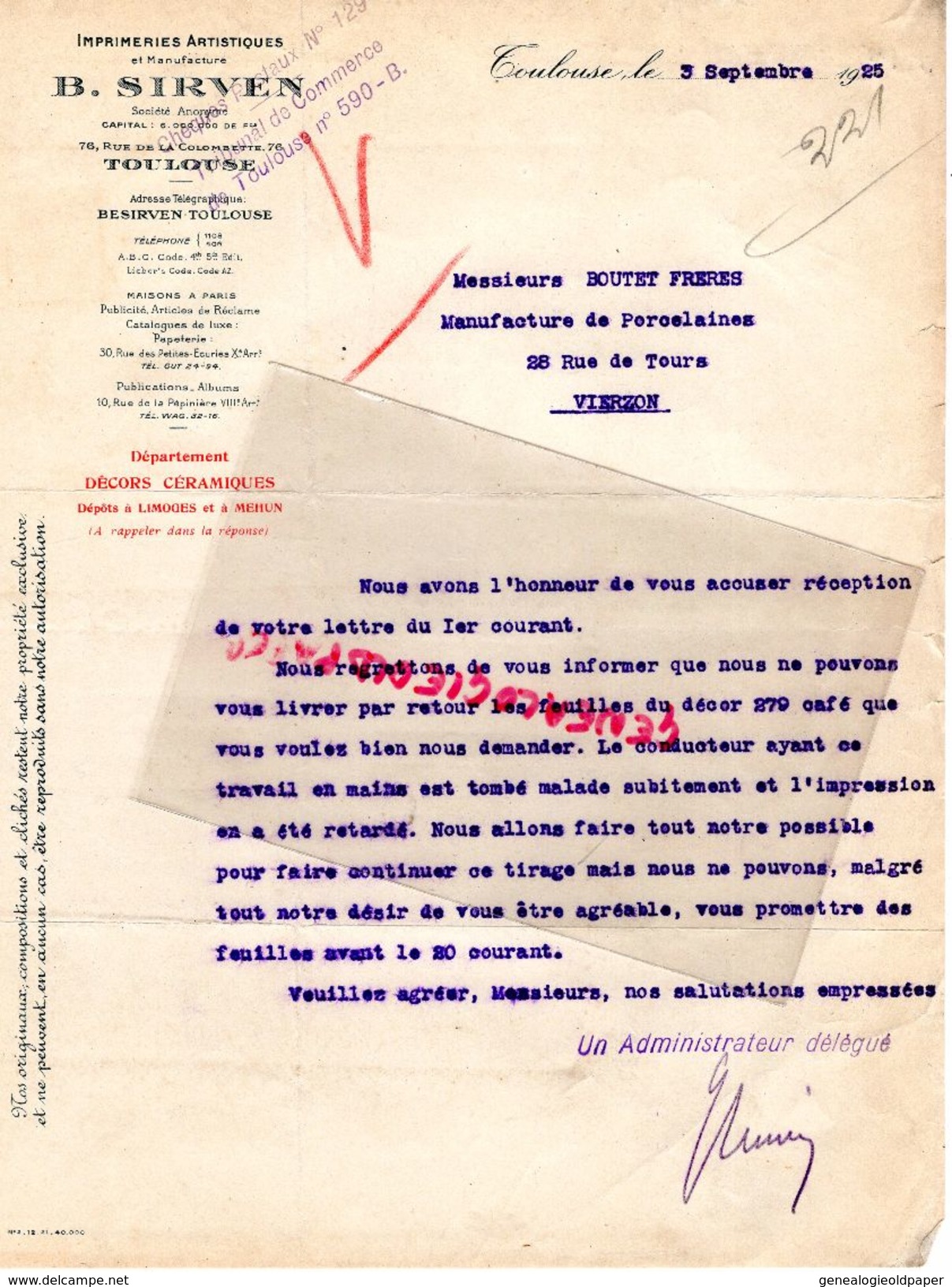 31- TOULOUSE- LETTRE B. SIRVEN- IMPRIMERIE ARTISTIQUE MANUFACTURE-76 RUE COLOMBETTE- 1925 - Druck & Papierwaren