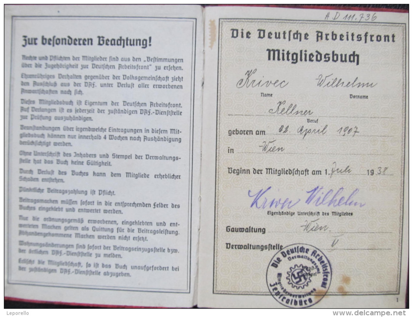 DEUTSCHE ARBEITSFRONT Mitgliedsbuch 1938 /// D*15074 - Historische Dokumente