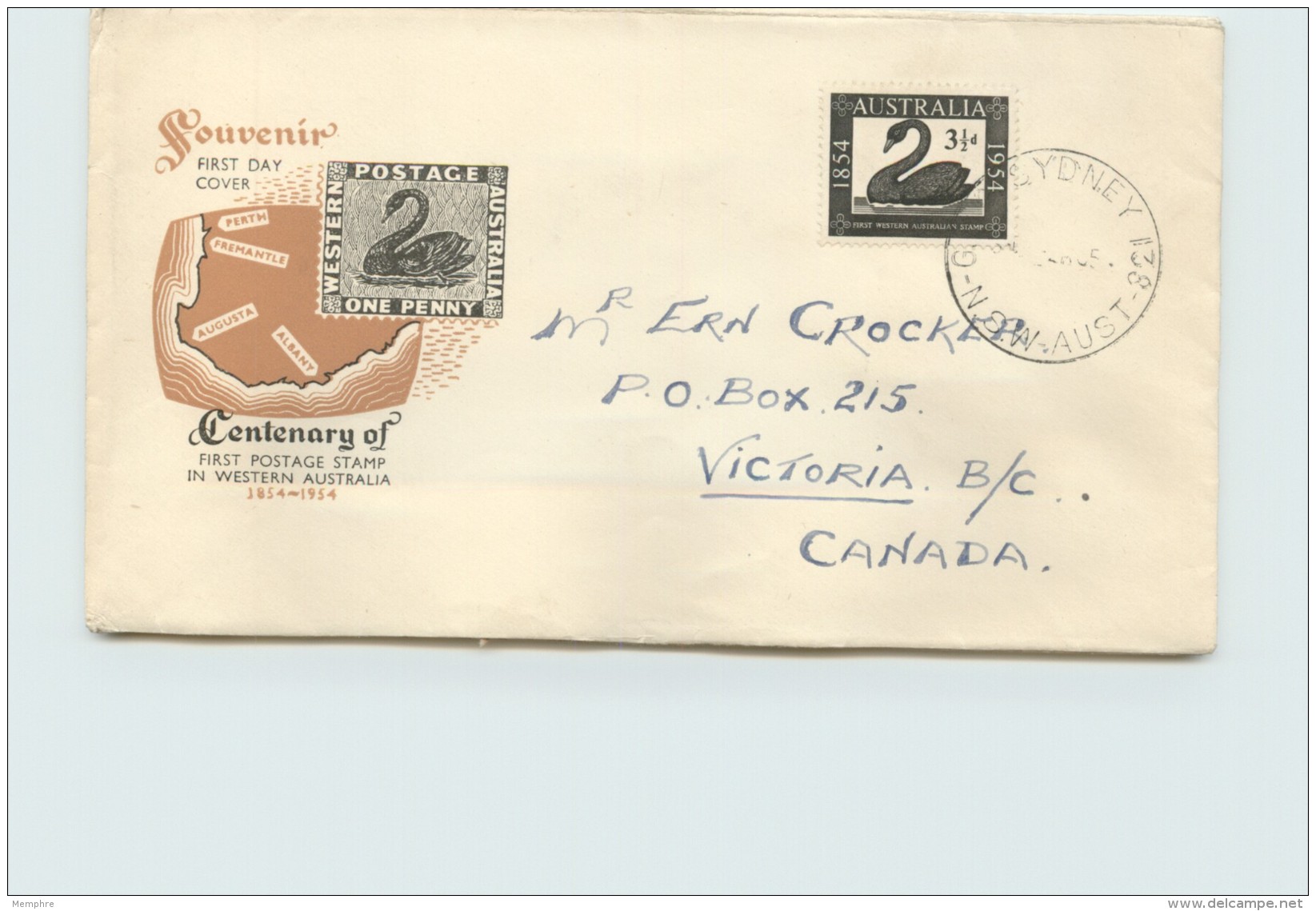 1954   Western Australia Stamp Centenary  Royal Cachet Addressed To Canada -G.P.O. Sydney Vancel - FDC