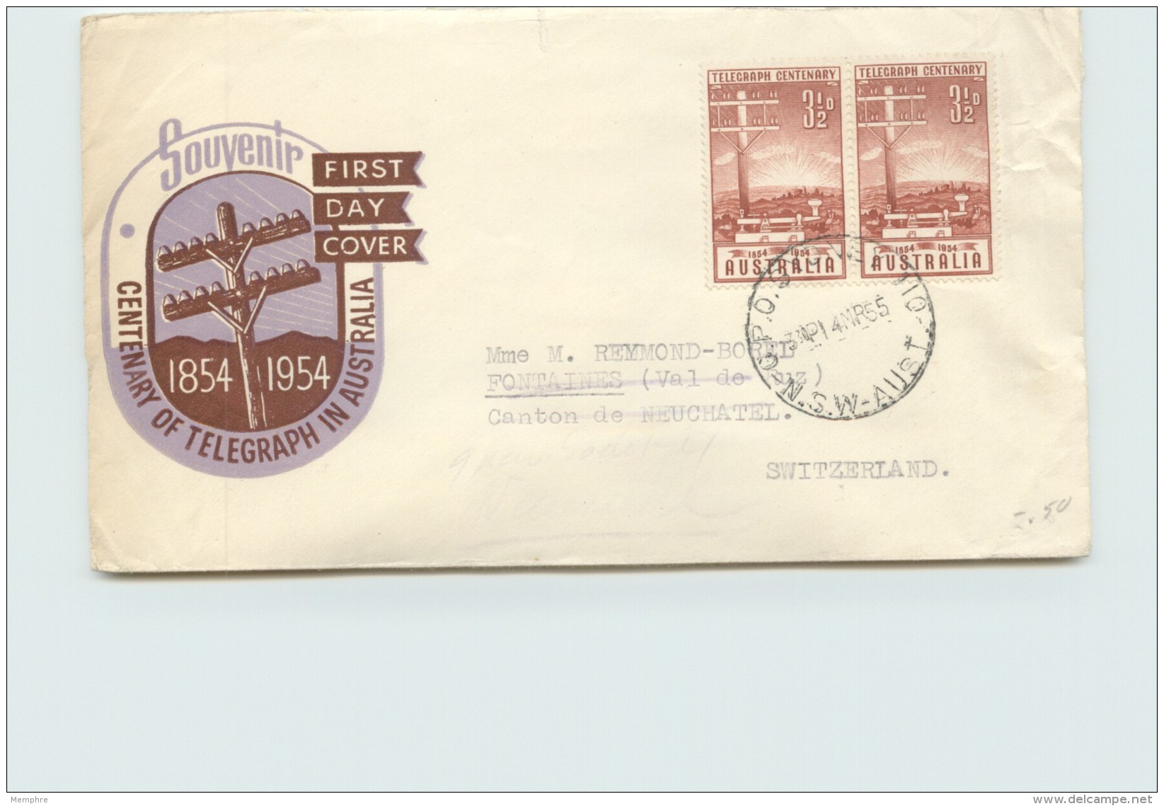 1954  Centenary Of Telegraph In Australia Pair- Royal Cachet - To Switzerland - FDC