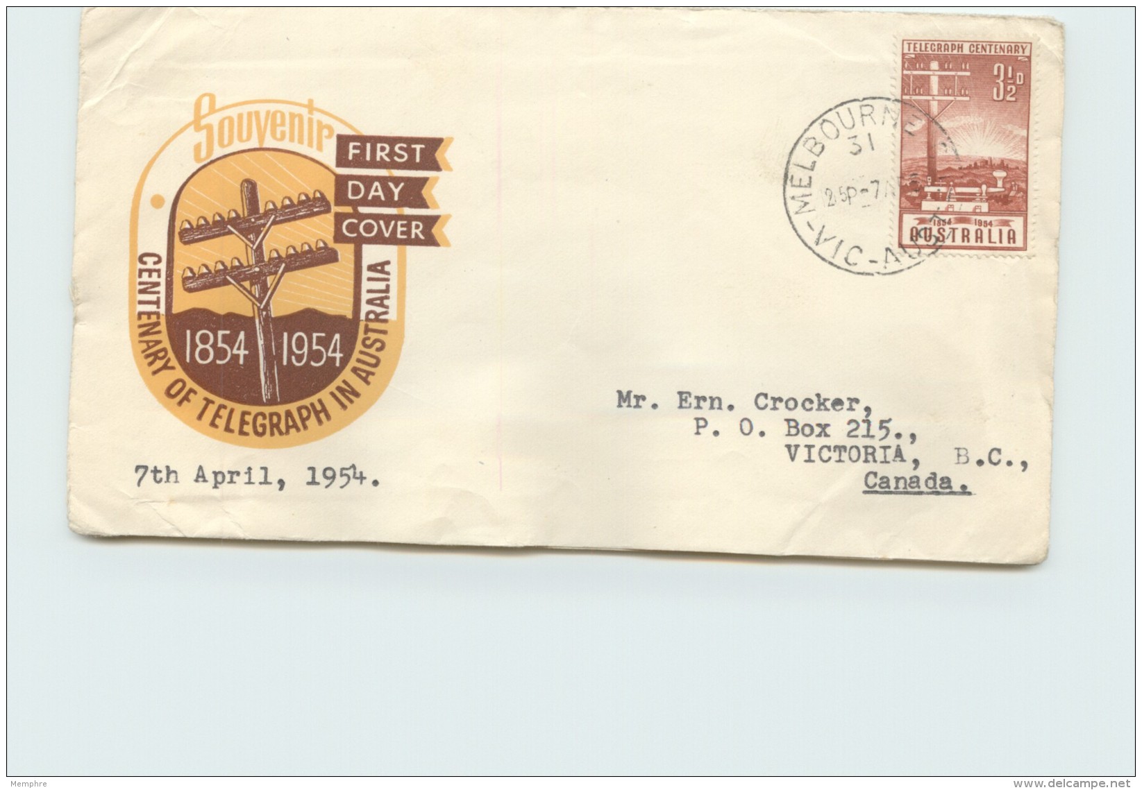 1954  Centenary Of Telegraph In Australia - Royal Cachet - To Canada - FDC