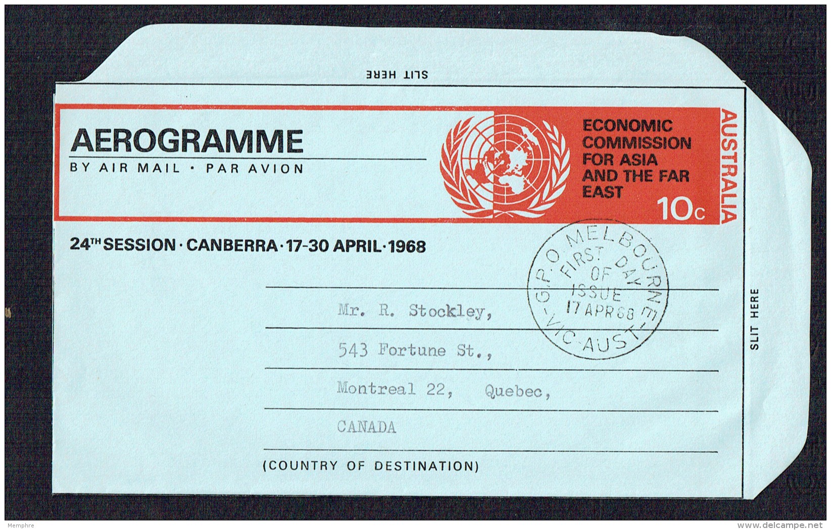 1968 U.N.  Economic Commission For Asia And The Far East  10c. First Day Cancel - - Postal Stationery