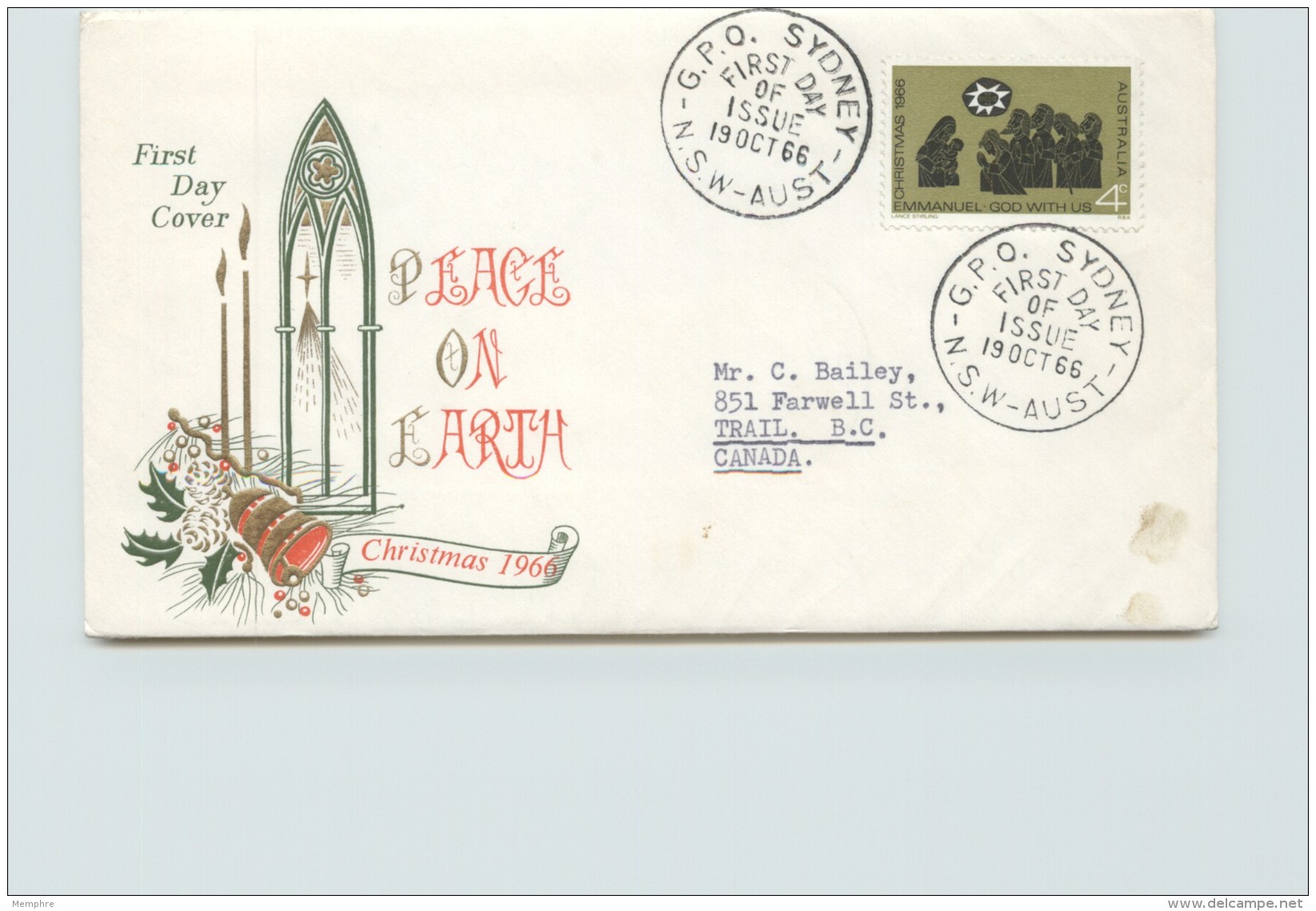 1966  Christmas Issue - Unknown Cachet - To Canada - FDC