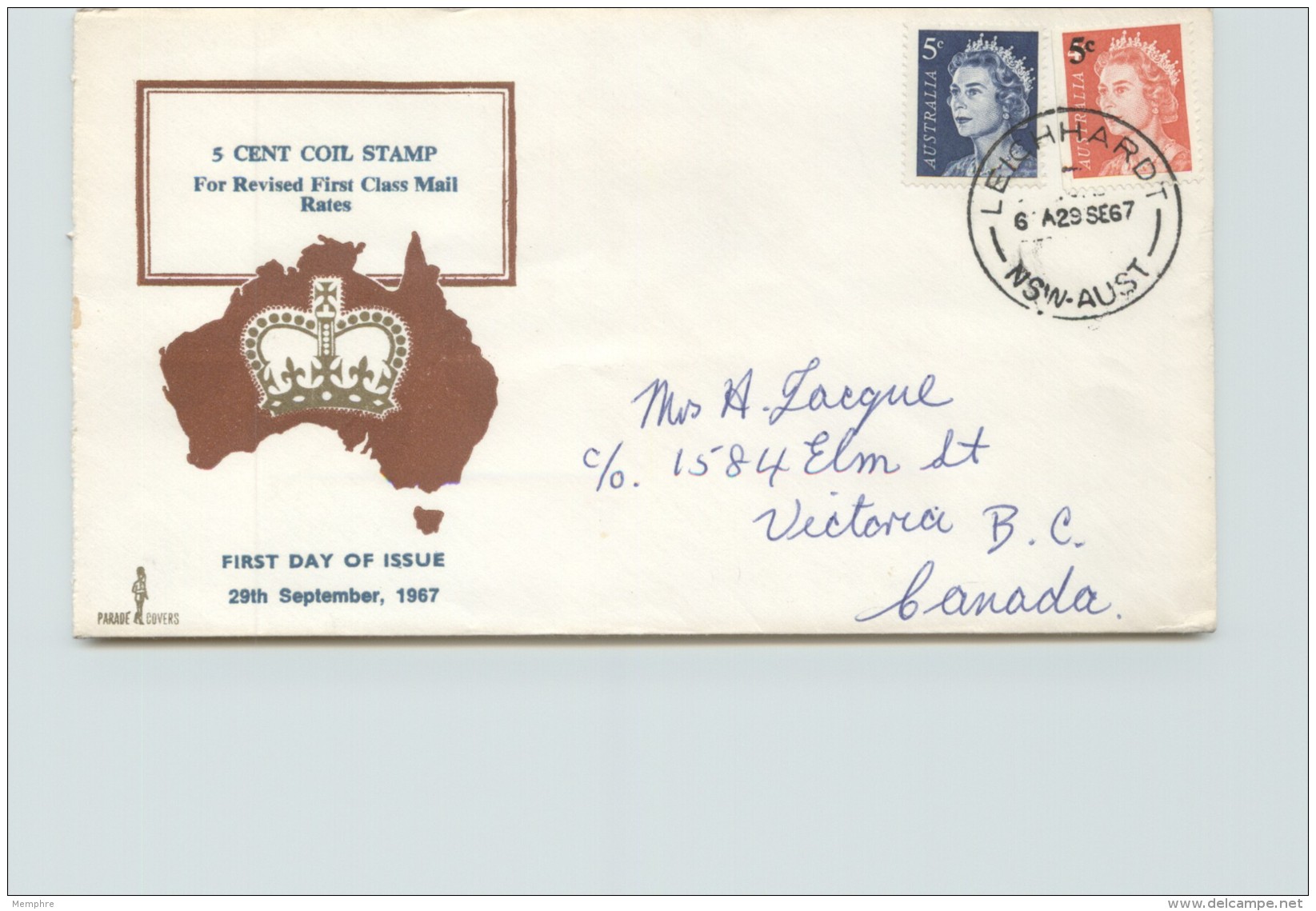 1965  Elizabeth II 5dc Definitives SG 386c And 414 - Parade Cachet -to Canada - Leichhardt NSW Cancel - FDC