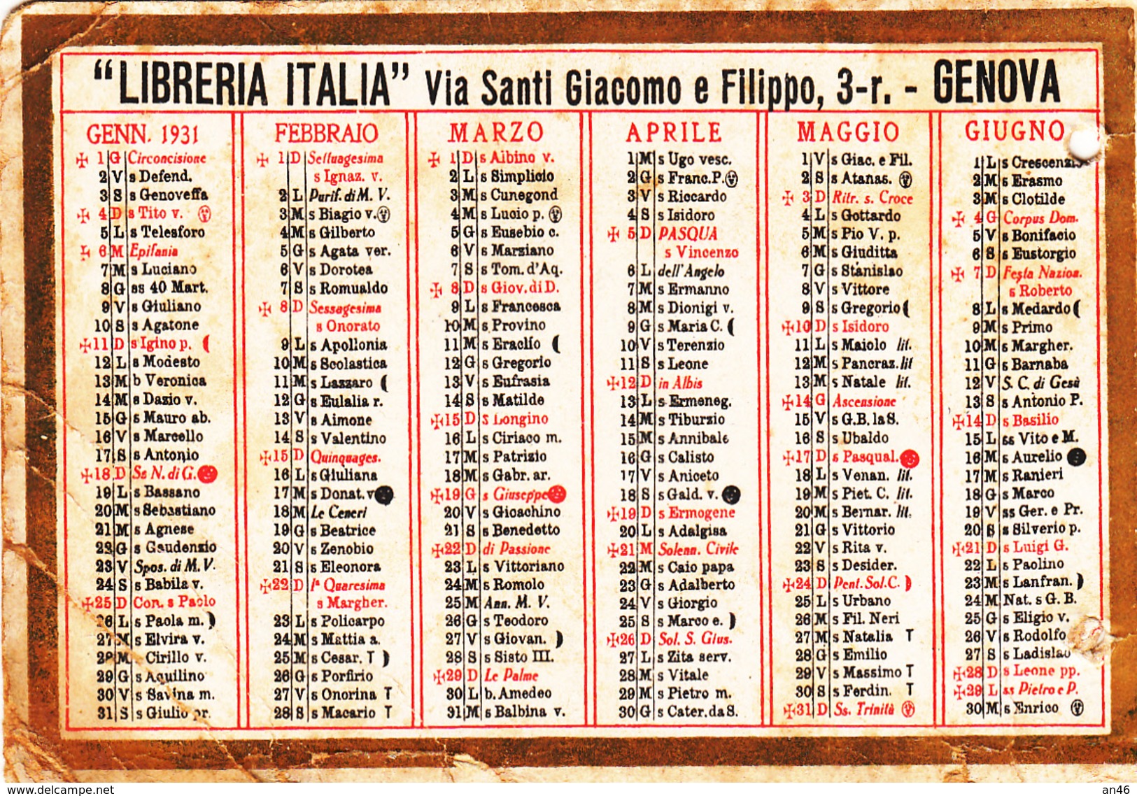 Calendarietto Del 1931-Pubblicità_Advertising_"Libreria Italia"-Genova - Formato Piccolo : 1921-40