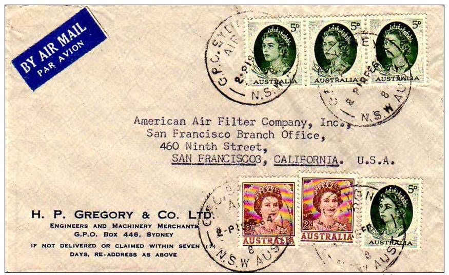 2d (2) And 5d (4) QEII 1964 G.P.O. Sydney Air, N.S.W Aust 8 Airmail To San Francisco, Calif.  Light Crease. - Lettres & Documents