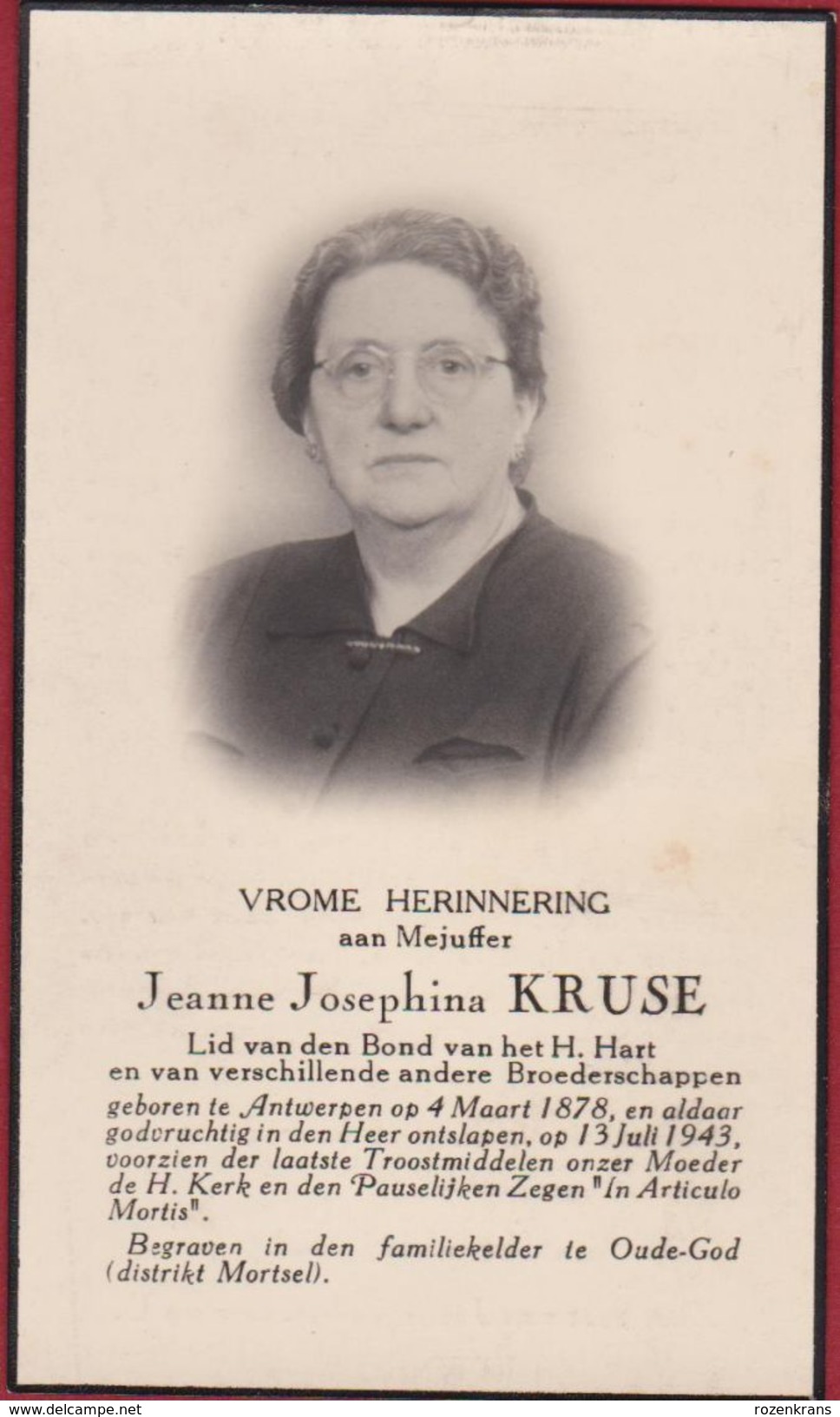 Jeanne Kruse Antwerpen 1878 1943 Te Oude-God Mortsel Begraven  Doodsprentje Image Mortuaire - Images Religieuses