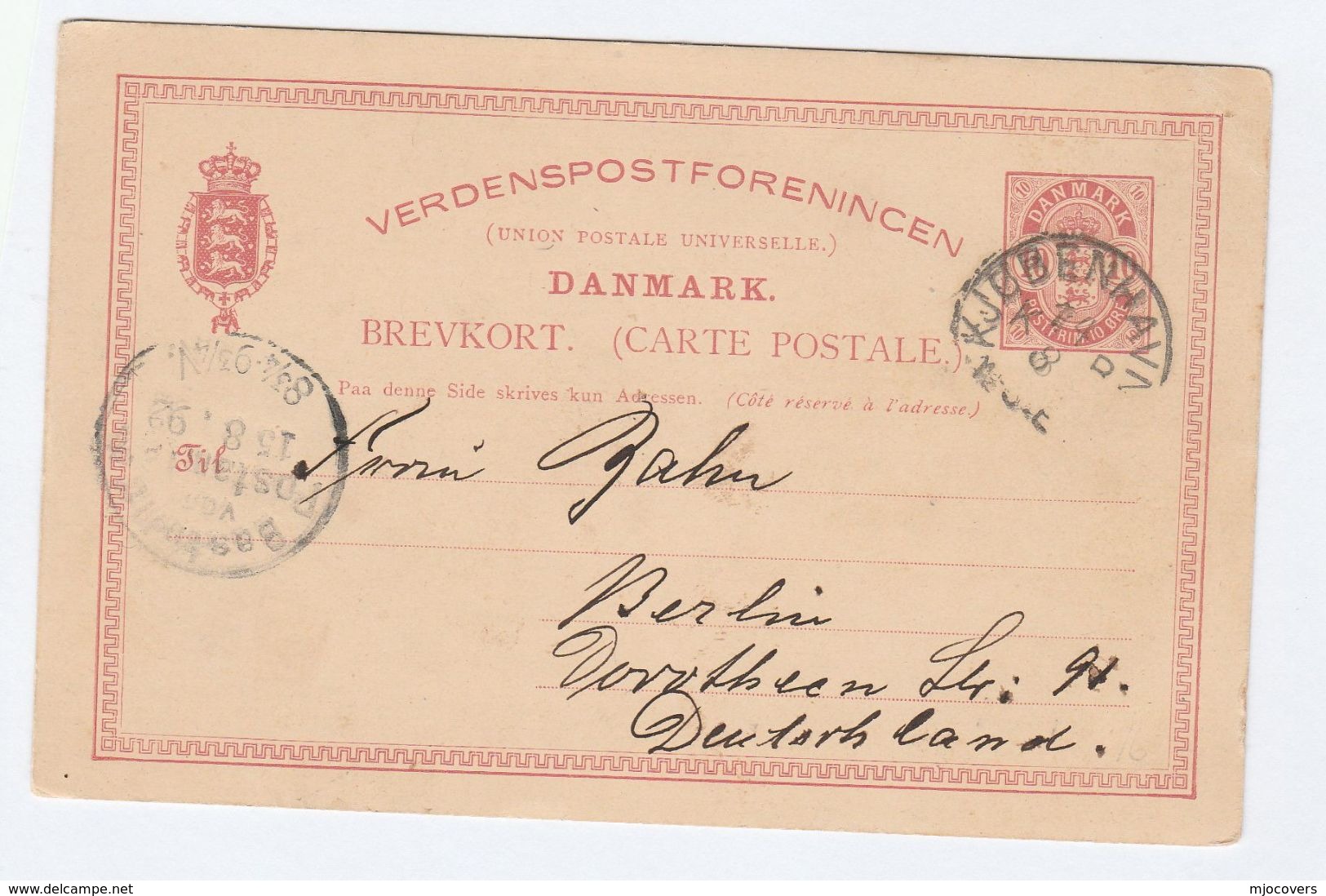 1892 DENMARK Postal STATIONERY CARD To Berlin Germany Stamps Cover - Entiers Postaux