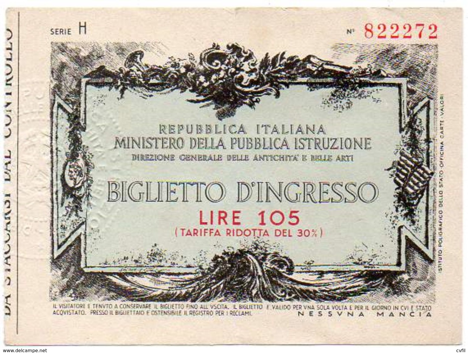 BIGLIETTO D'INGRESSO DELLE ANTICHITÀ E BELLE ARTI. Lire 105 (tariffa Ridotta) - Tickets - Vouchers